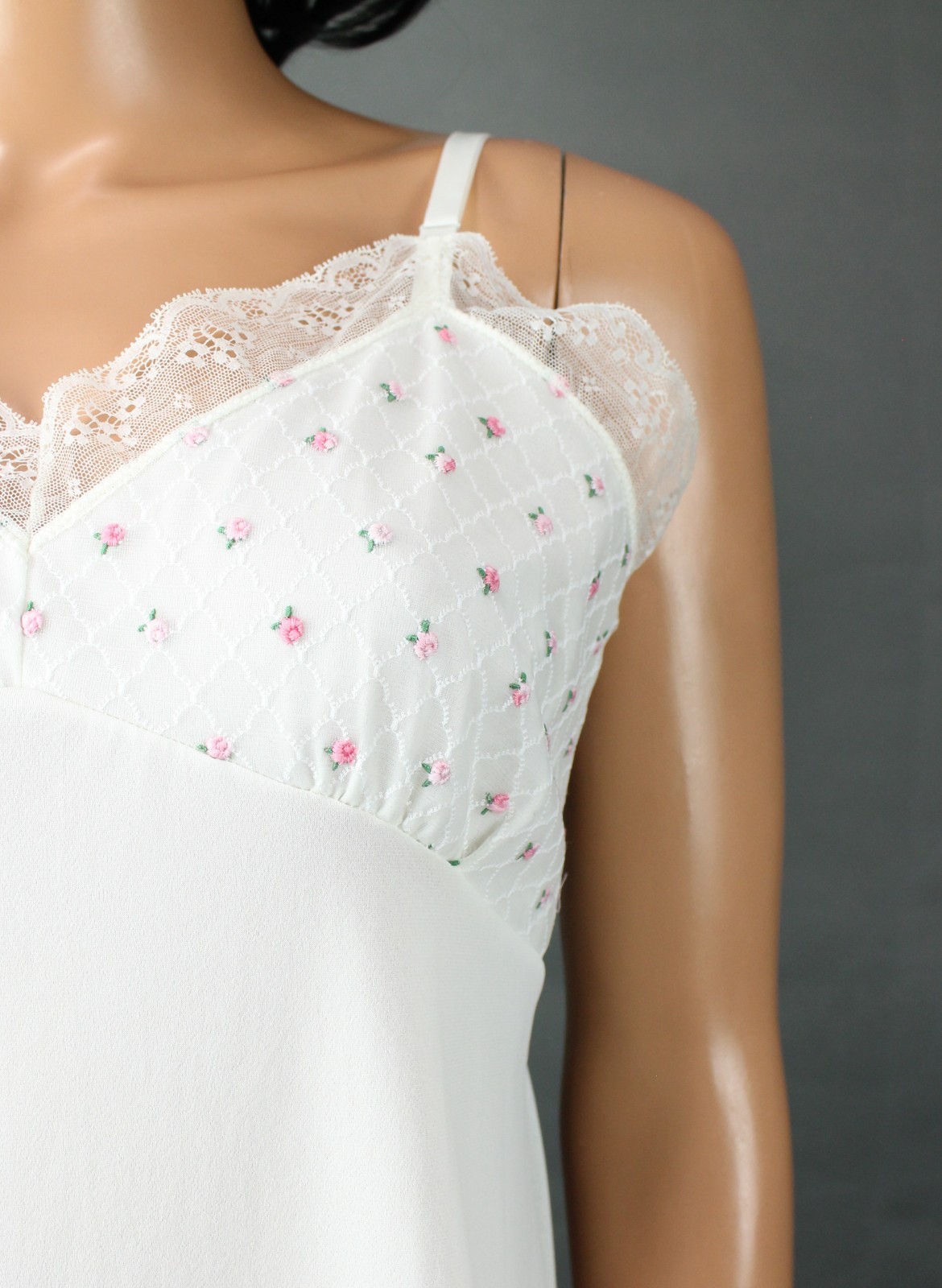 50s Velrose Full Slip 36 White Pink Embroidered Chiffon Short Mini Dress Slip