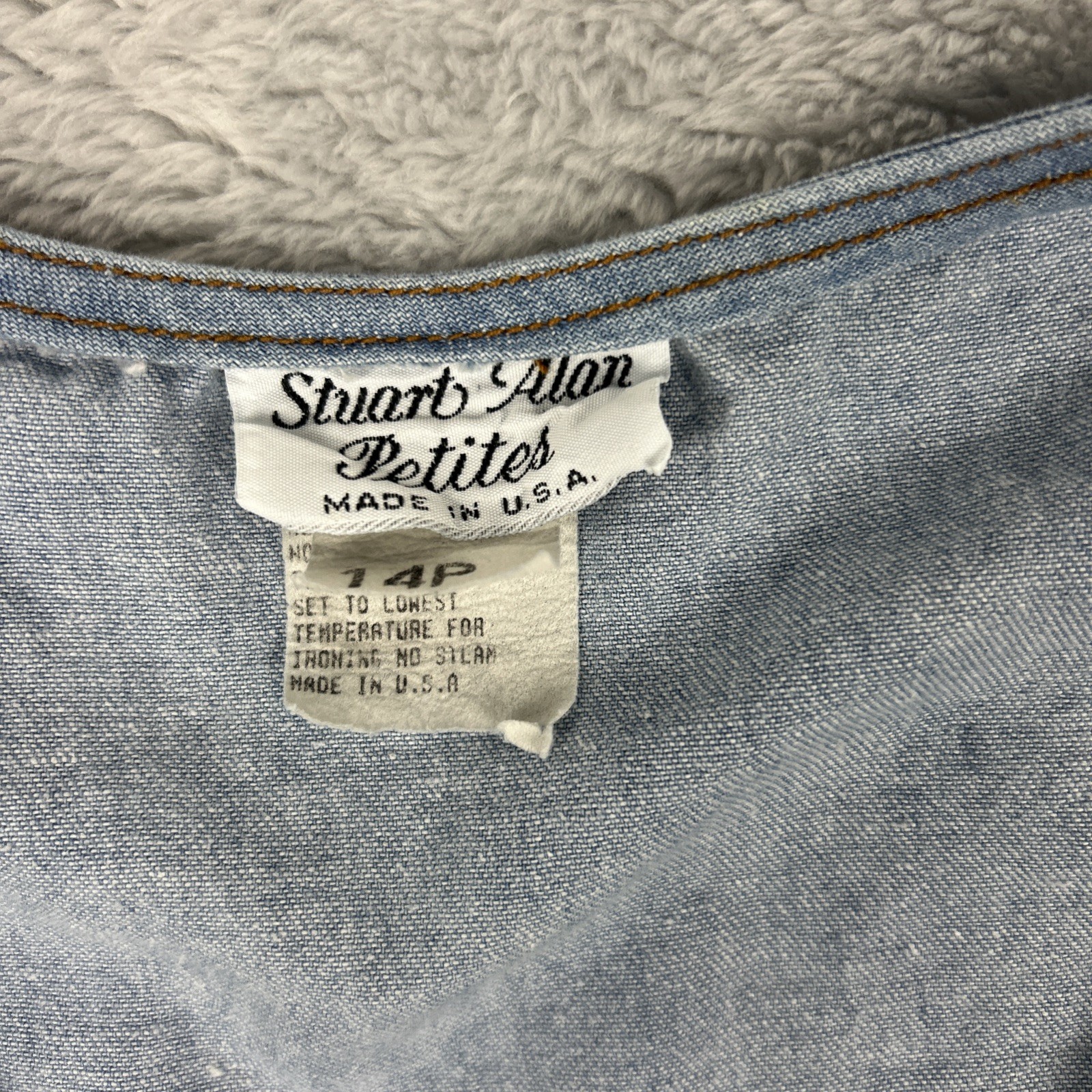 Vtg Stuart Alan Chambray Dress 14P Full Button Short Sleeve Pockets Prairie Boho