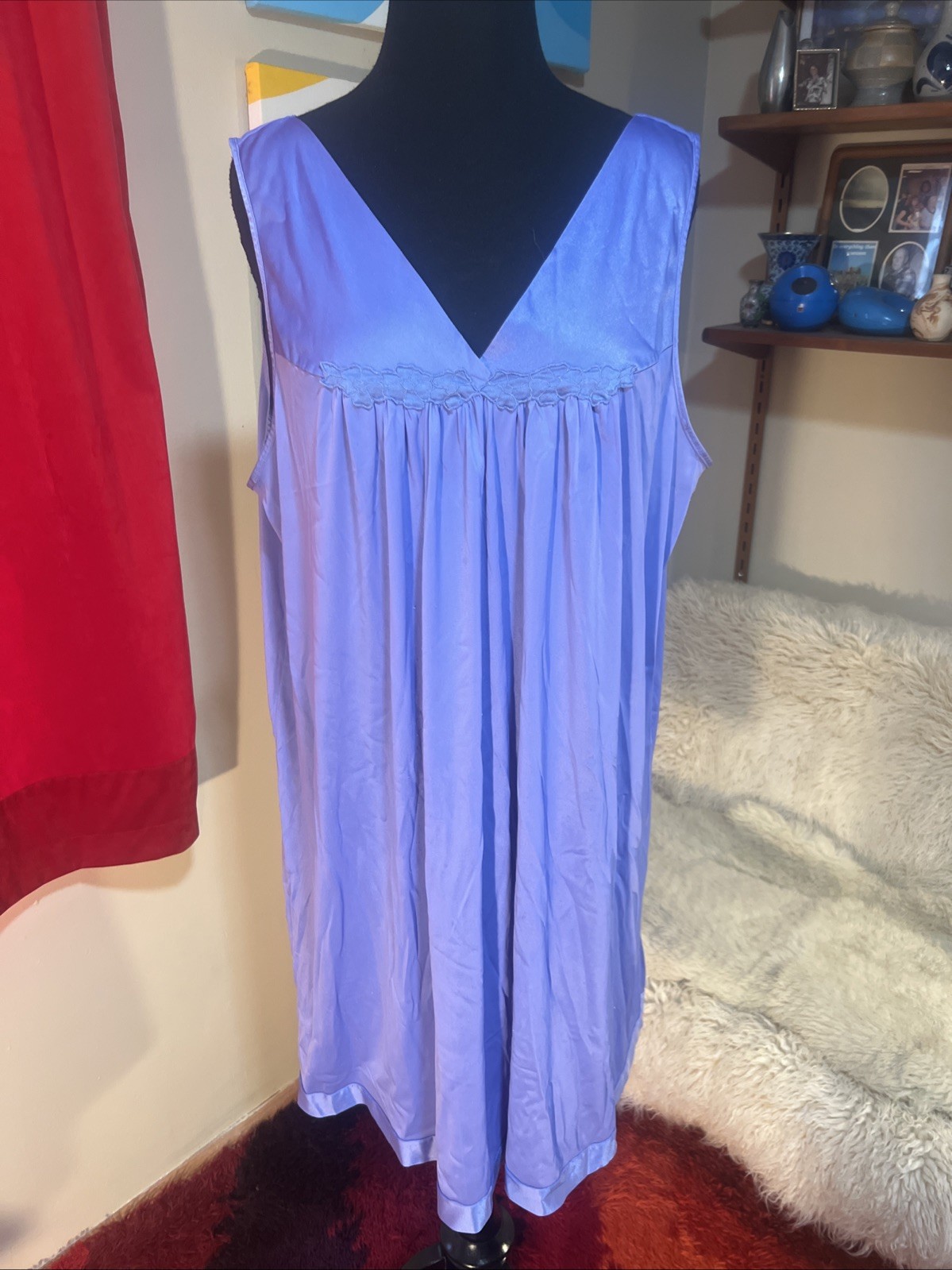 Vtg Vanity Fair Semi Sheer Silky Nylon Satin Periwinkle Blue Nightgown 1X Plus