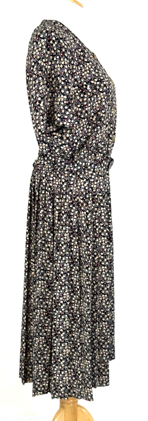 Leslie Fay Womans Size 14 Dress Floral Black Vintage Belted Midi Classic Modest