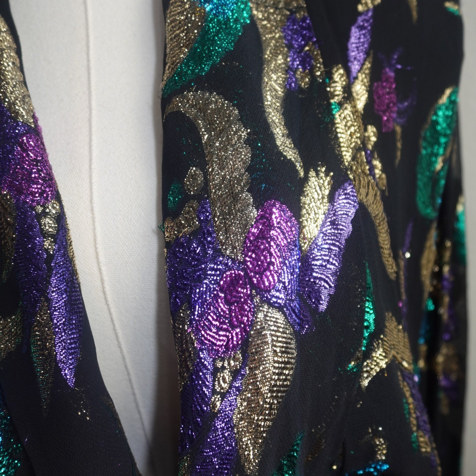 Vintage Anne Klein Black Metallic Abstract Blouse Purple Teal Gold Glam Top 80’s