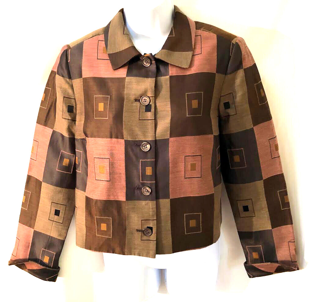 Vintage 80s Bill Blass New York brown tones geometric squares jacket sz 8 chic!