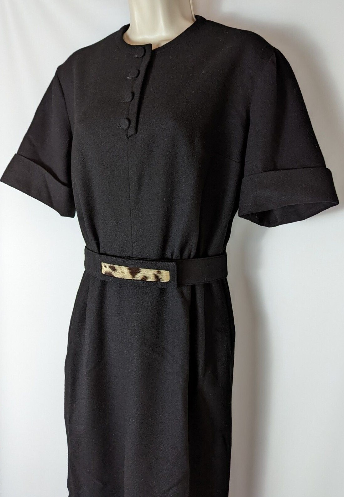NANCY GREER NEW YORK VTG 70s Black Wool Belted Sheath Dress MED