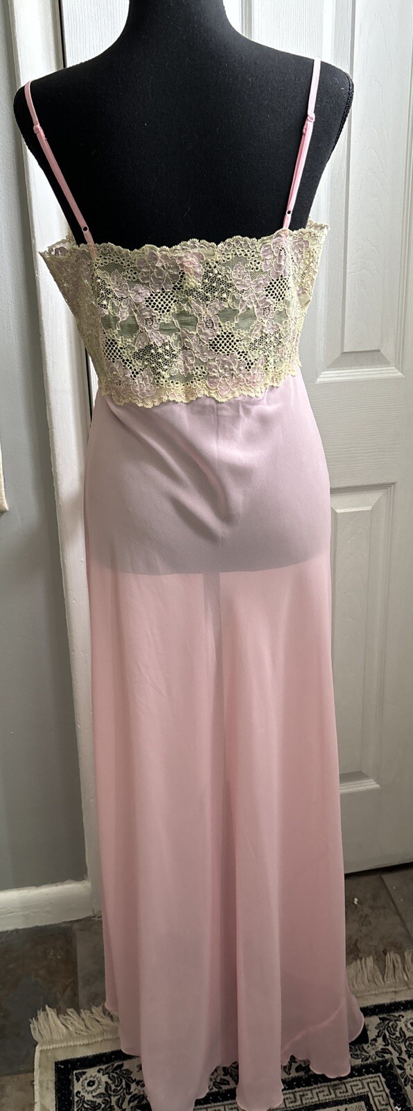 Vntg SLIP DRESS LINGERIE Pink CHIFFON Yellow LACE NIGHT GOWN VICTORIAS SECRET