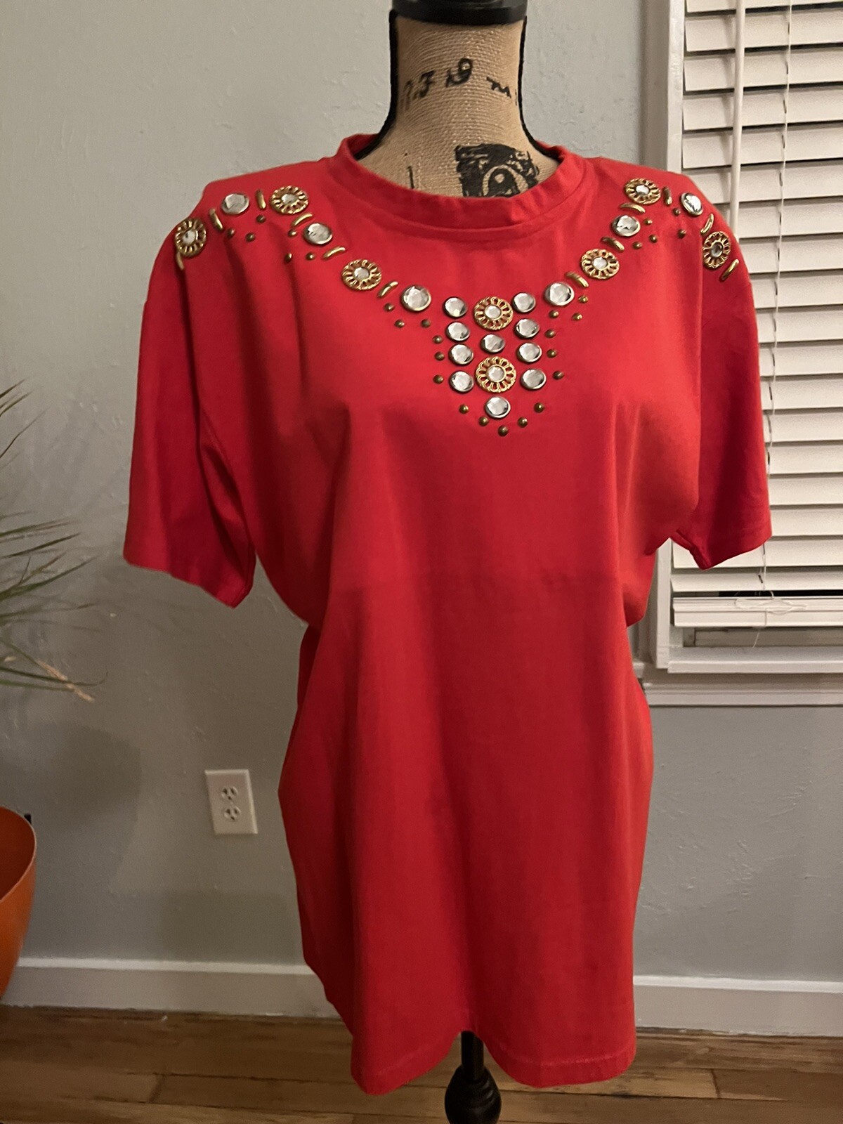 1980s Vintage Jewel Stud Volup Red Tshirt Plus 80s New Wave Retro Jeweled