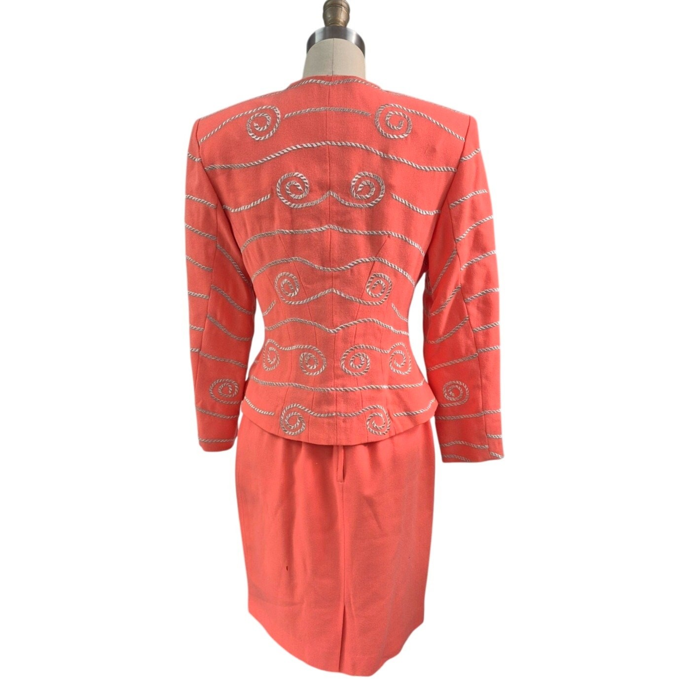 Vtg 80s Magali Skirt Suit Orange Wool Mob Wife Gold Rope Applique Sz 8 M
