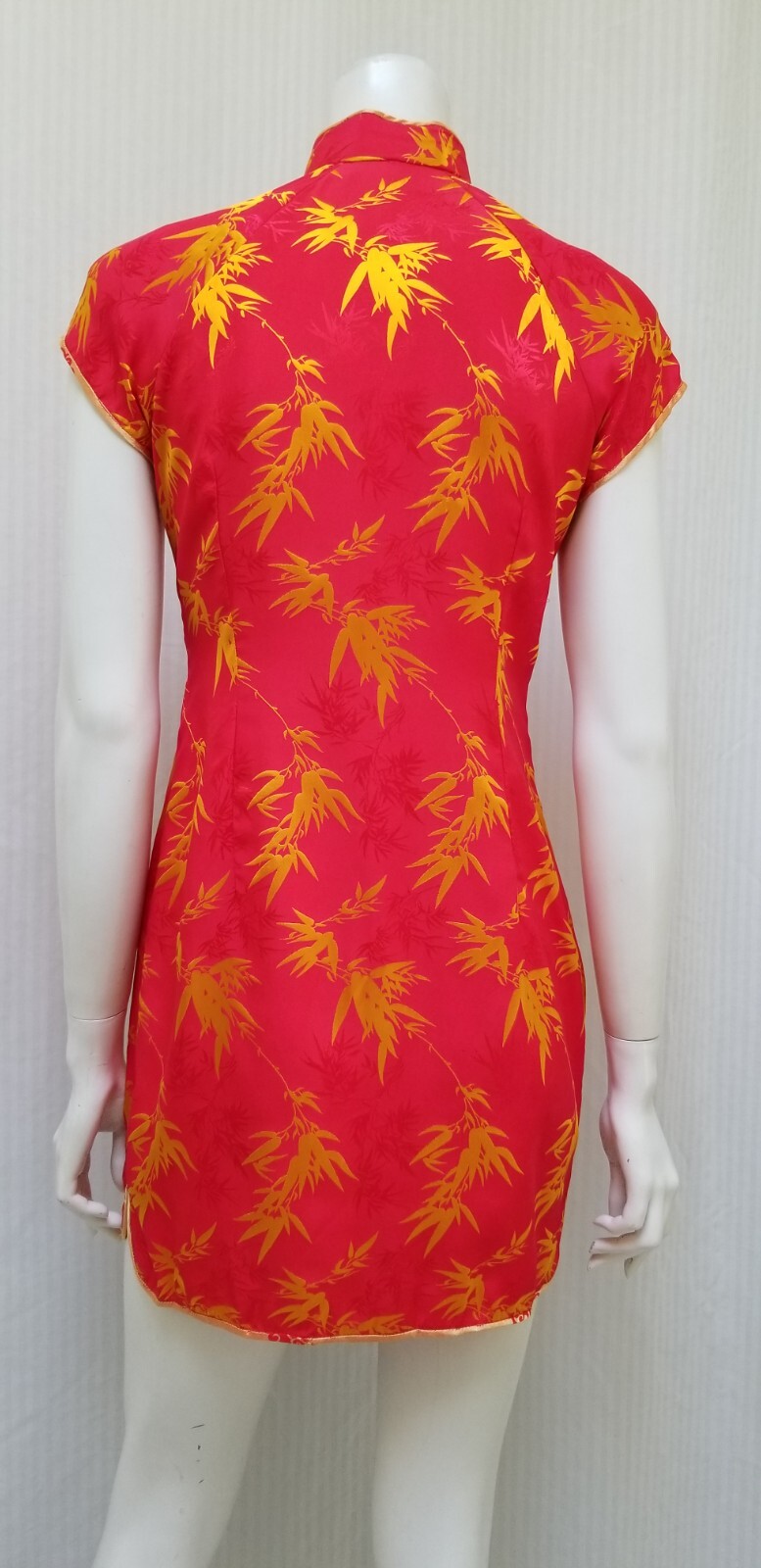 Vintage Red Yellow Satin Bamboo Jacquard Cheongsam Mini DRESS – Size S – EUC