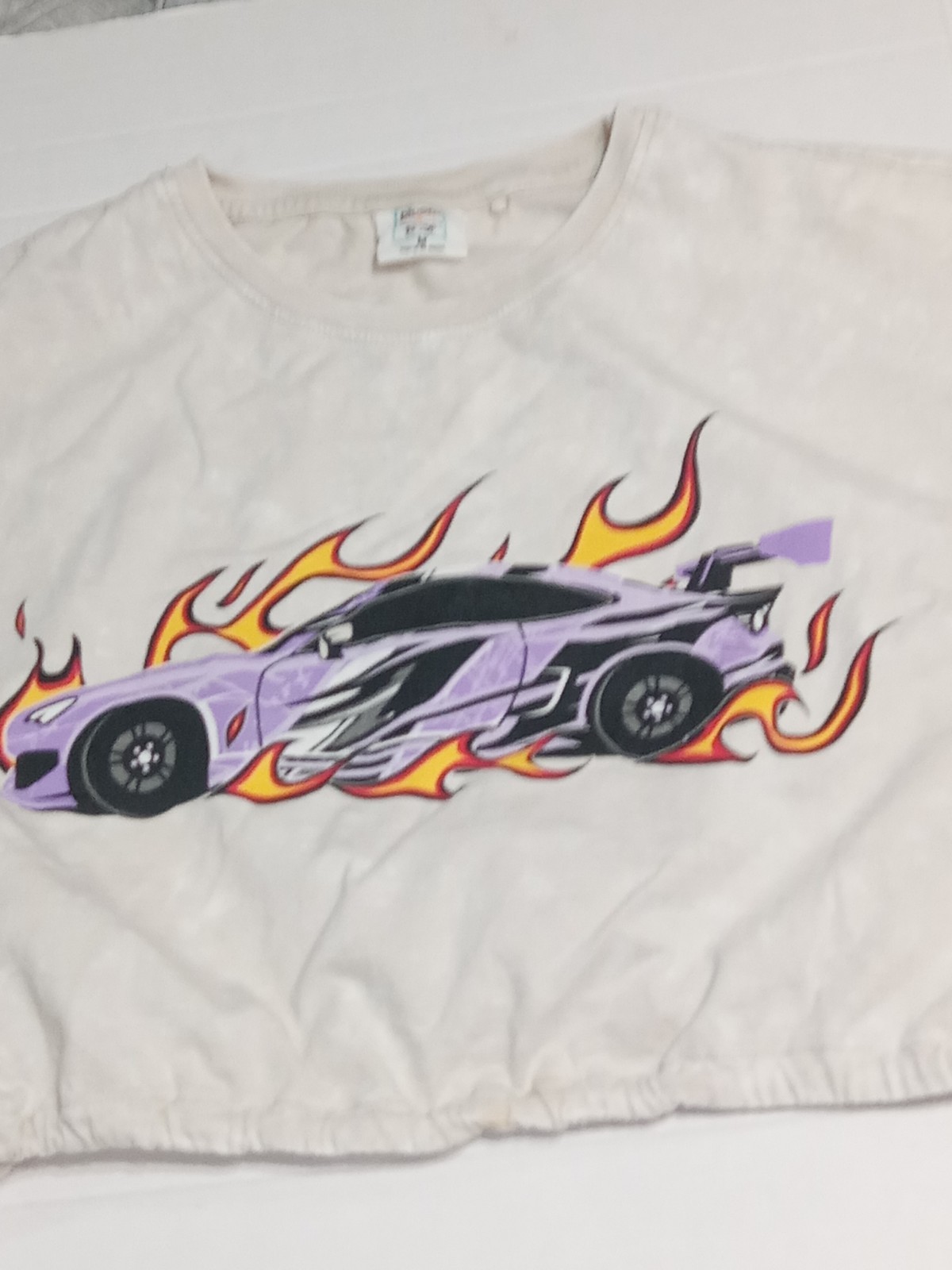 Y2K Race Car Flame Graphic Crop Top Womens Medium Tie Hem Streetwear Tee