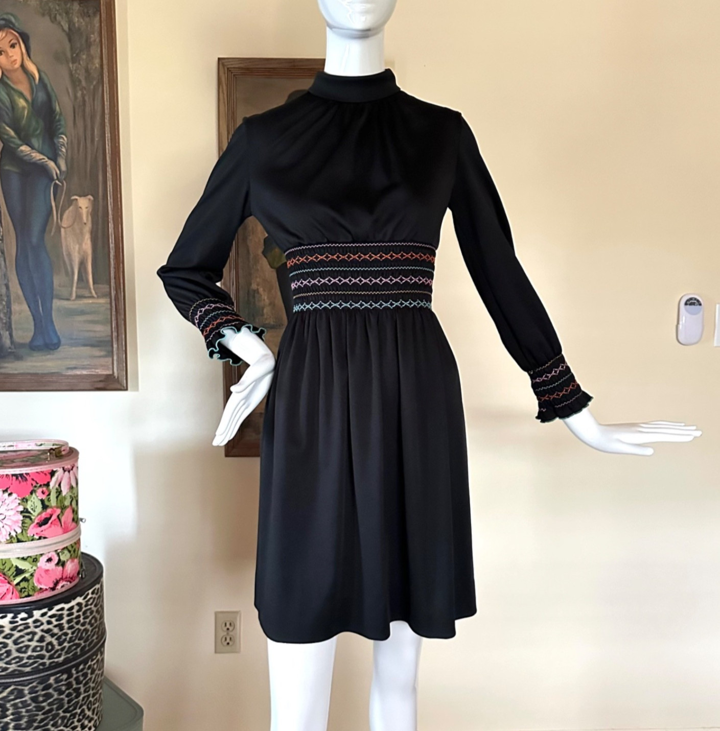 Vintage 1970s Mod Shady Lane Rainbow Smocked Waist Long Sleeve Mini Day Dress S