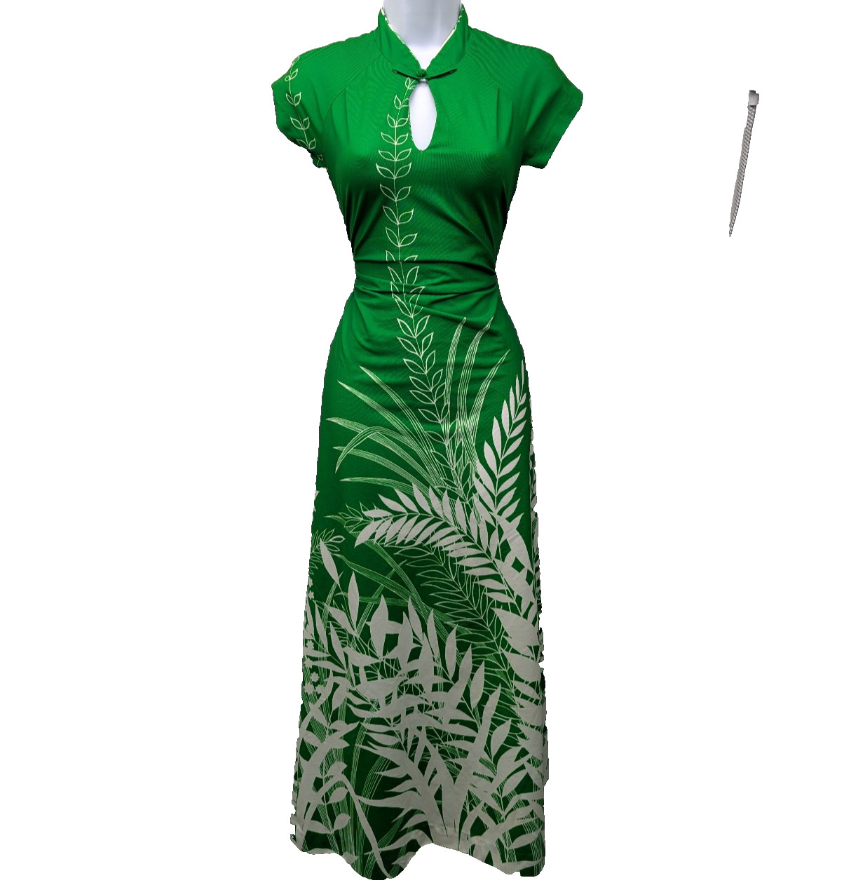 Malihini Hawaii Vintage Dress Womens 10 Maxi Kelly Green 70s Asian Inspired Mod