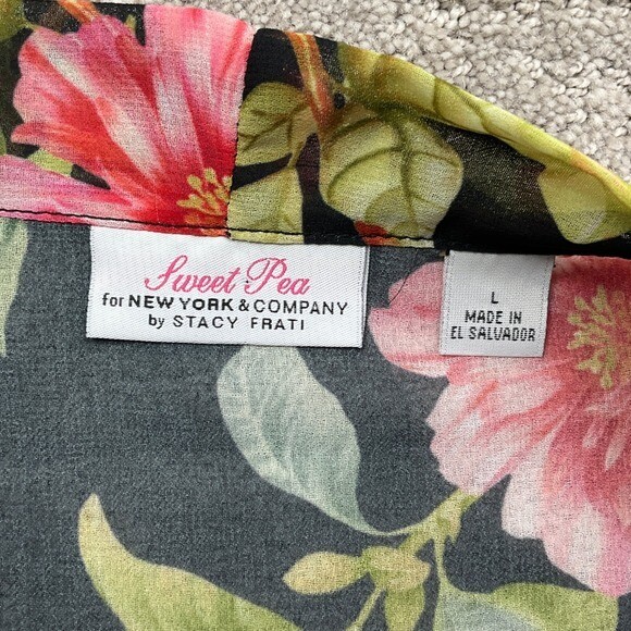 Sweet Pea Stacy Frati Duster Women L Black Floral Peony Sheer Kimono Boho Robe