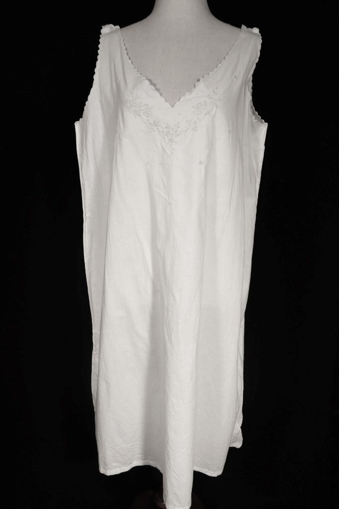 Antique French White Cotton Edwardian Hand Embroidered Night Gown Size XL