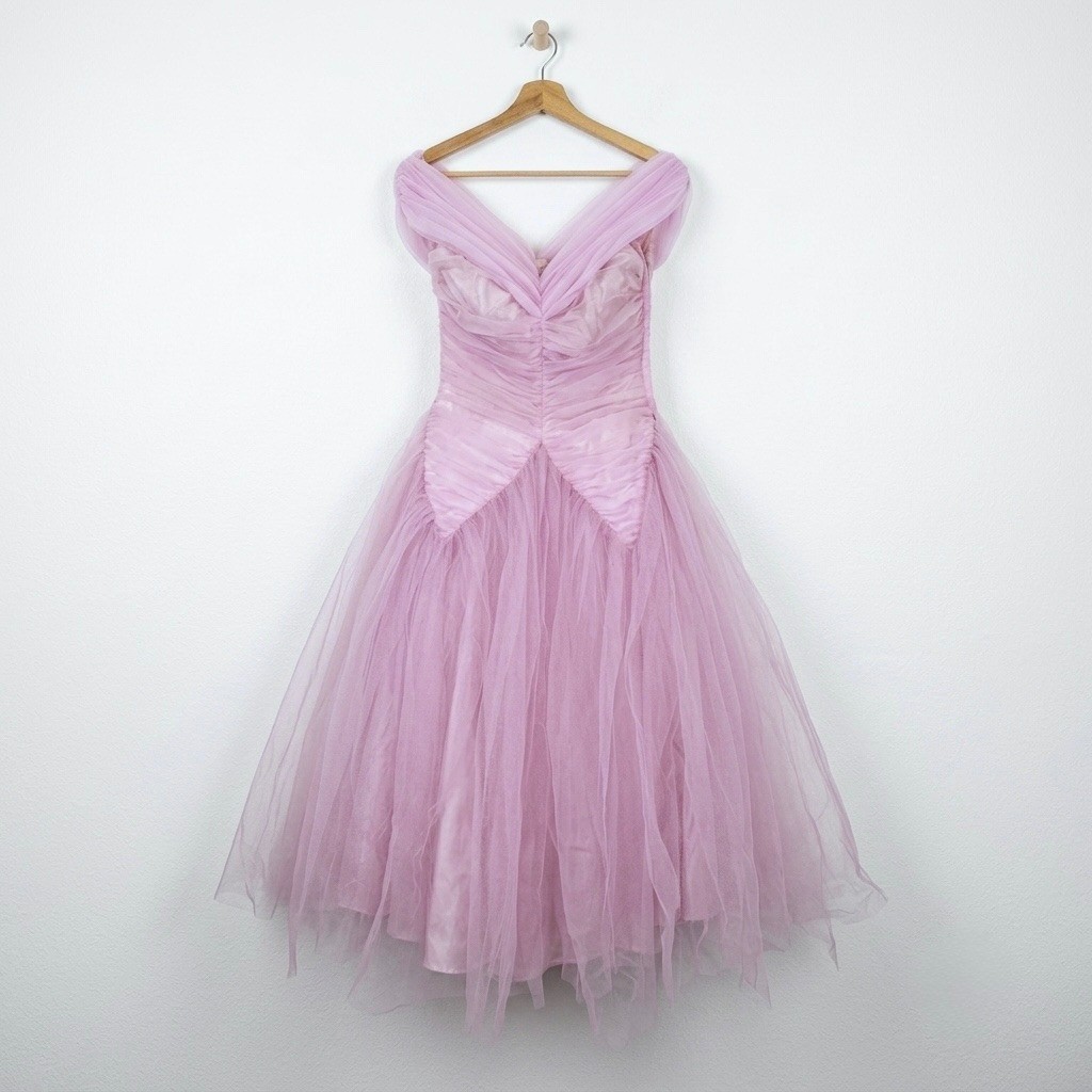 Vintage Lilac Tulle Off Shoulder Tea Length Party Dress Ruched 50s 24 Waist