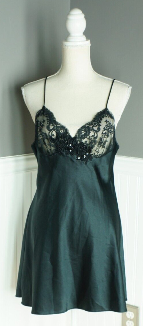 Vintage Lucie Ann II Black Satin Nightgown Nighty M 17″ Pit to Pit Made in USA