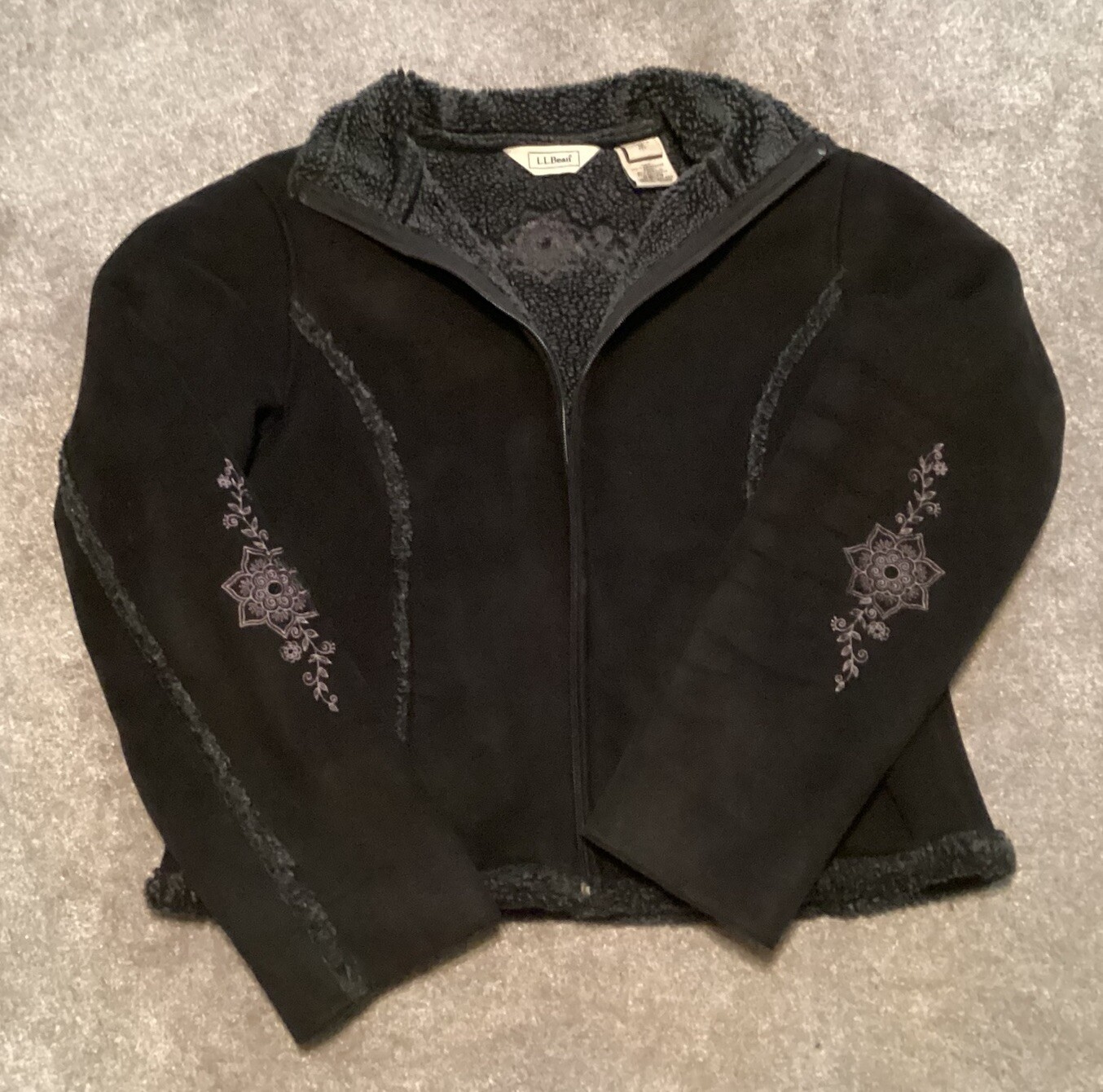 LL Bean Womens Y2K Faux Suede Sherpa Embroidered Floral Detail Medium VTG