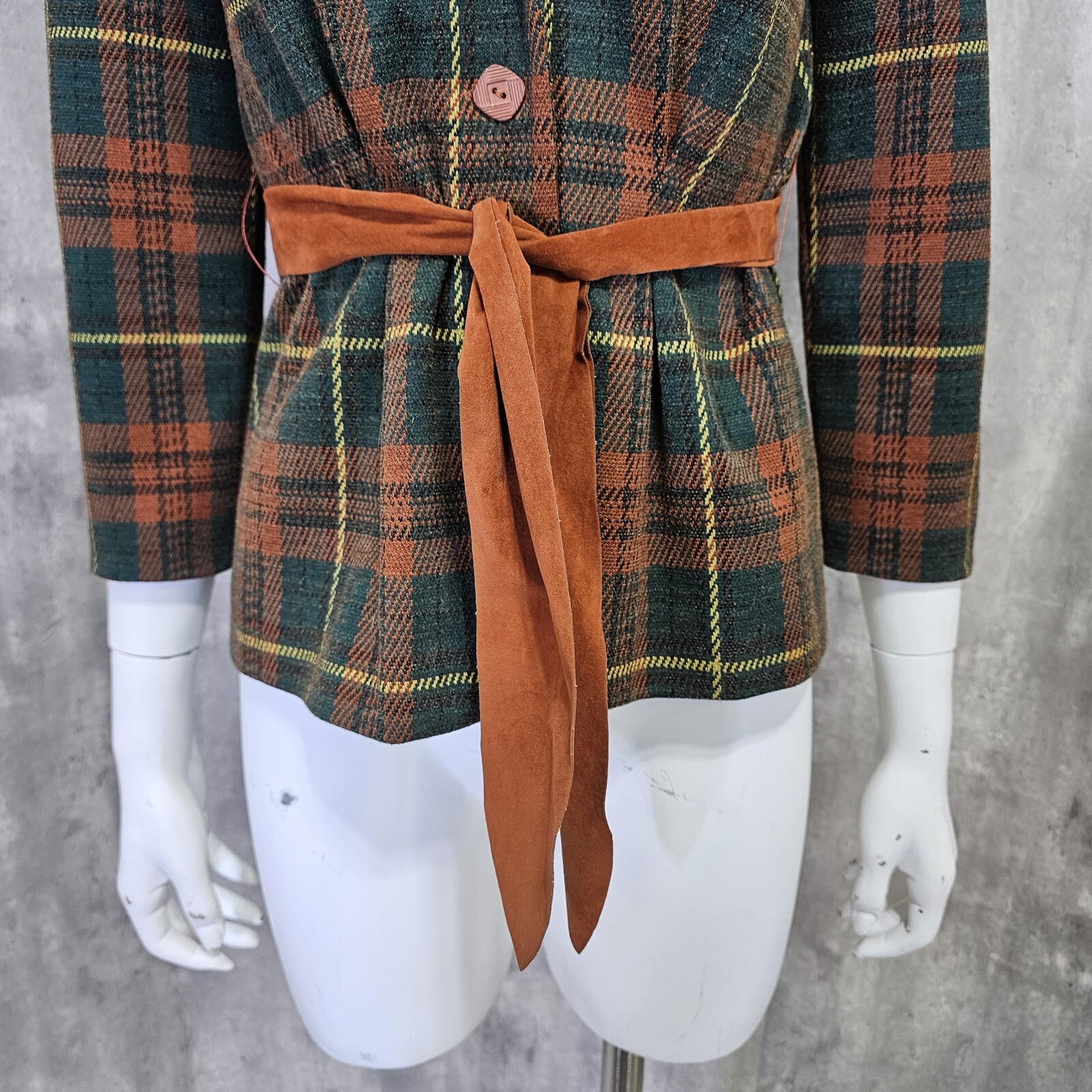 Vintage 70s Donovan Galvani Dallas Dbl Knit Polyester Brown Green Plaid Blazer