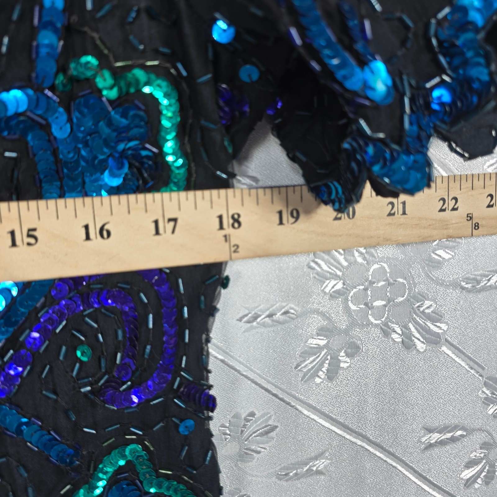 Laurence Kazar Top Womens XL Vintage Black Blue Teal Sequin Beaded Silk EUC
