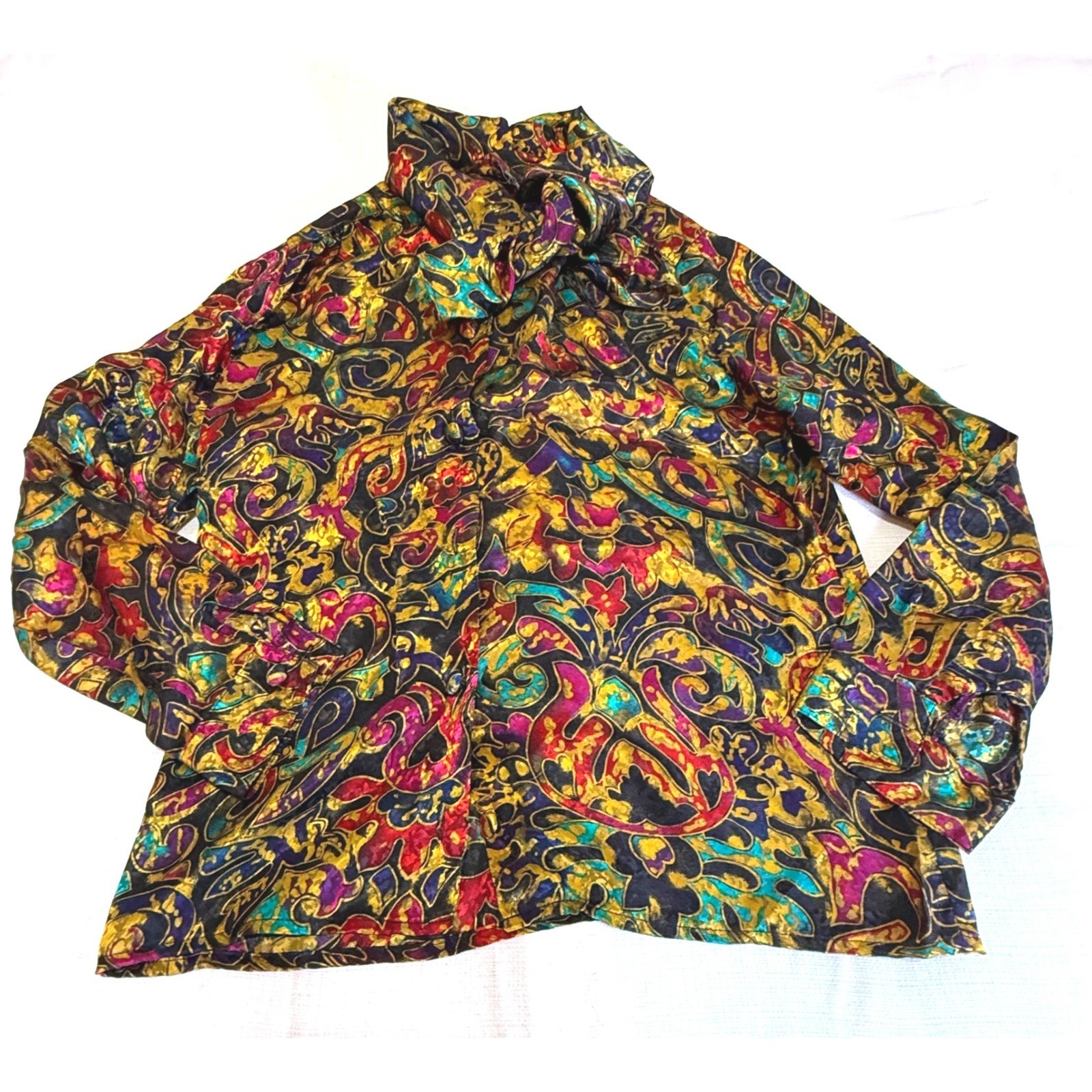 Vintage Jewel Tone Baroque Paisley Satin Pussybow Tie Neck Blouse Top
