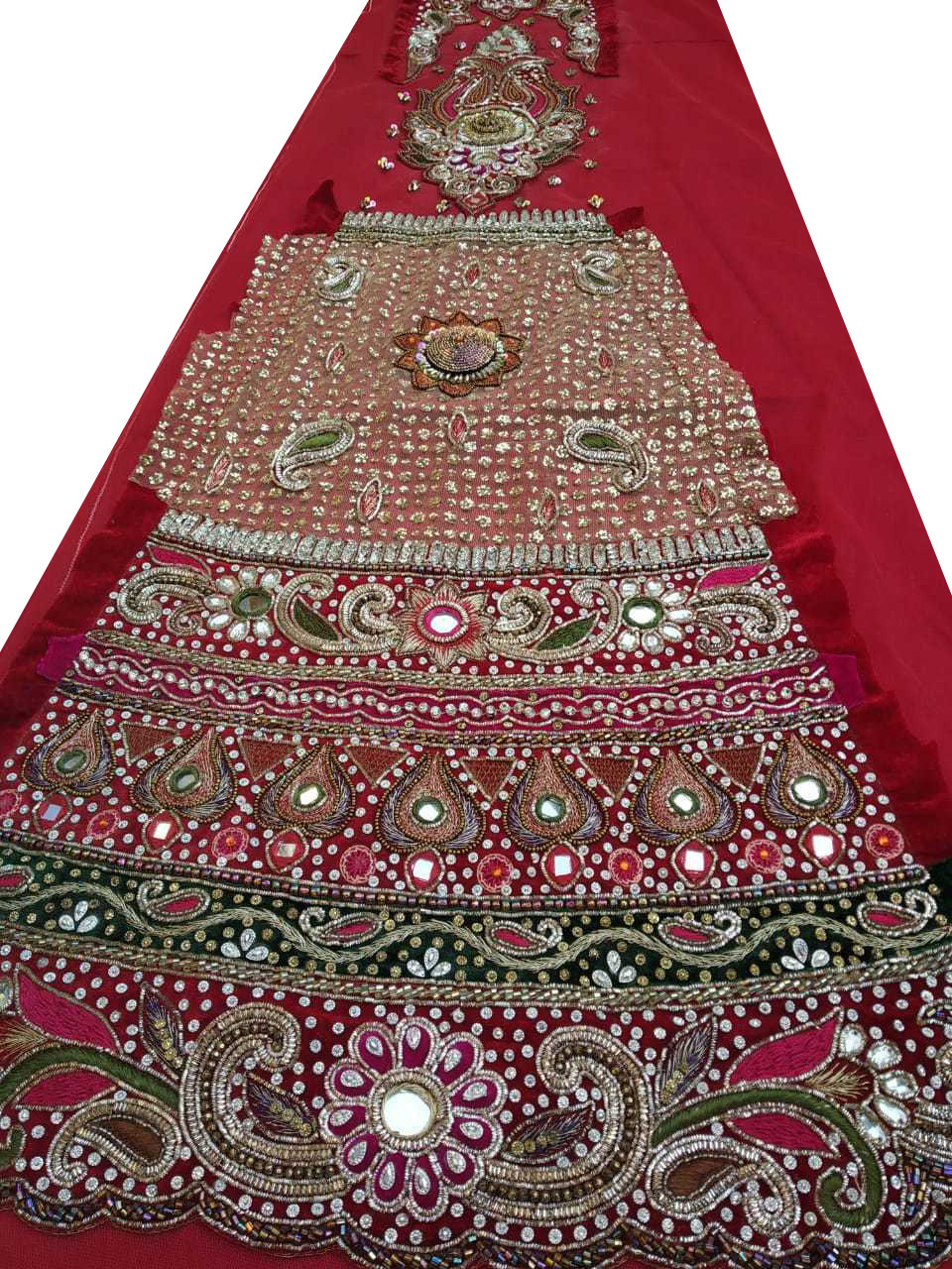 Vintage Indian Hand Bead Rhinestone RED COLOR LEHANGA PATCH ART CRAFT 1FREE ON 5