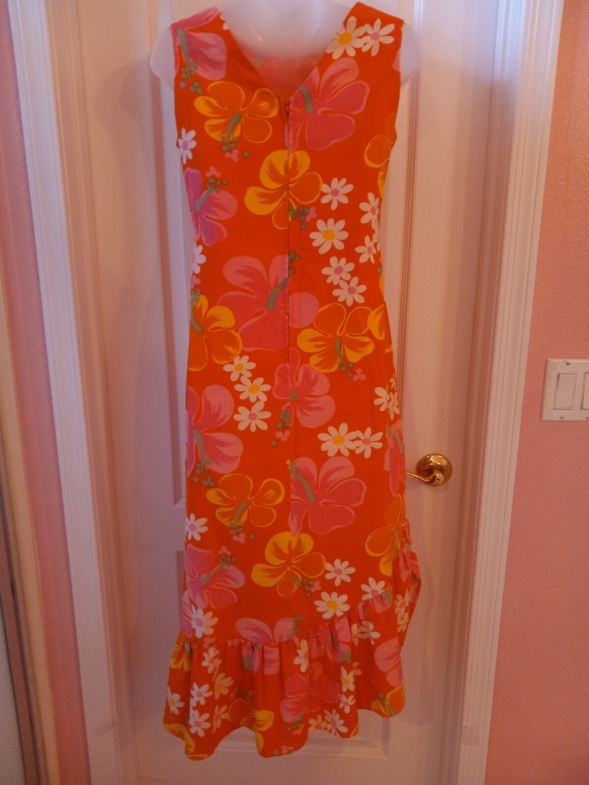 Vintage 60s Hawaiian Psychedelic Orange Floral Tiki Oasis Ruffled Skirt Dress SM