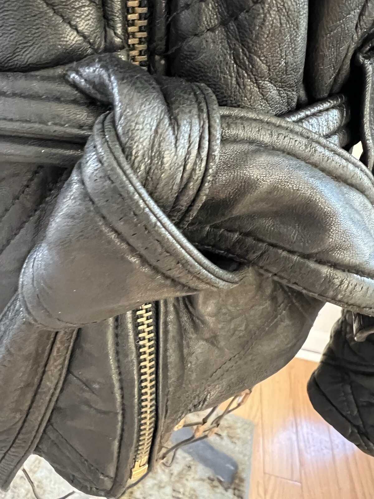 Women’s VTG Coat Black Leather Hood Belt Insulated Liner L Otello Pelle