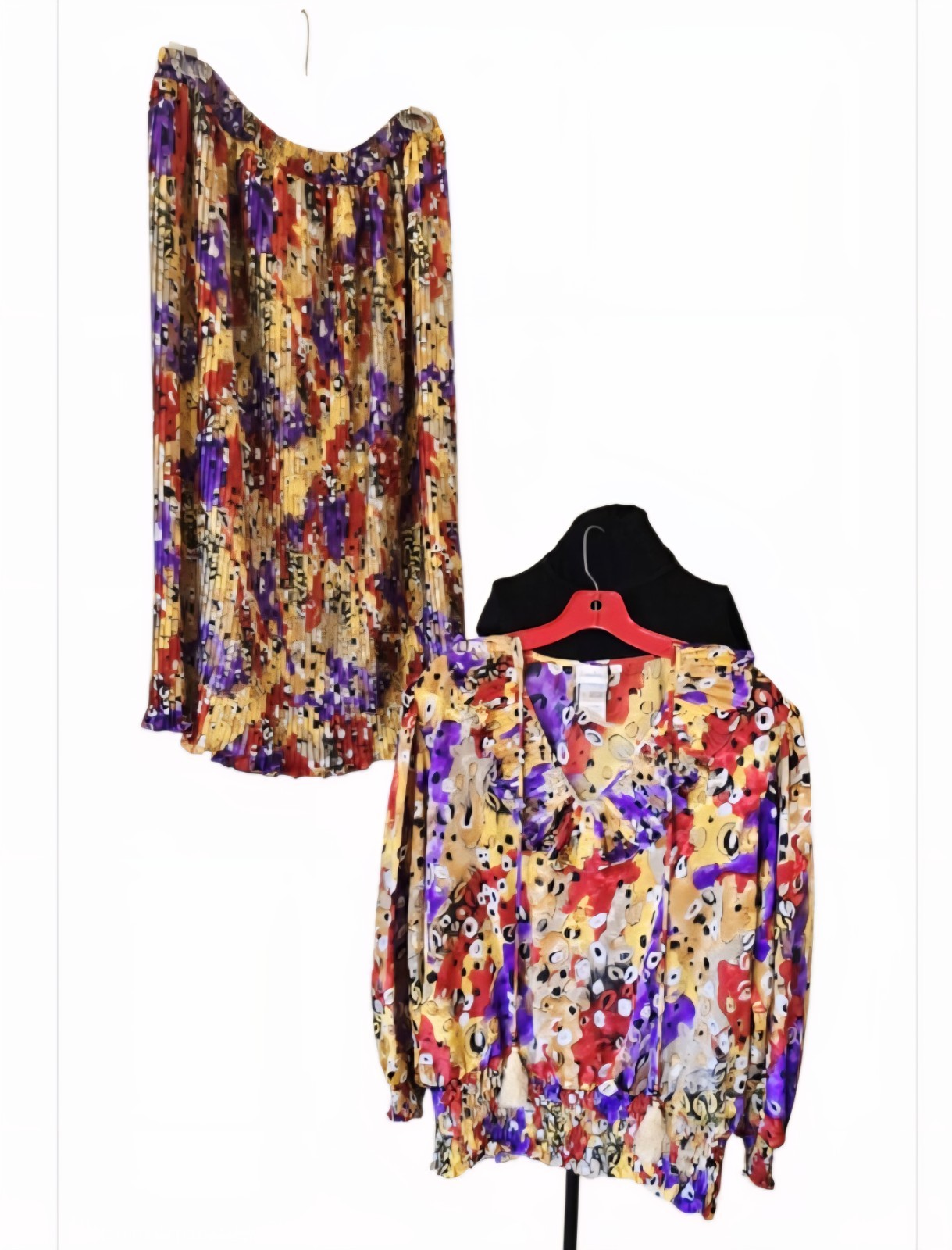 1980s MONTAGE BY MOSAIC Colorful Vintage Ruffled Pleated Full Sweep Skirt Set XL