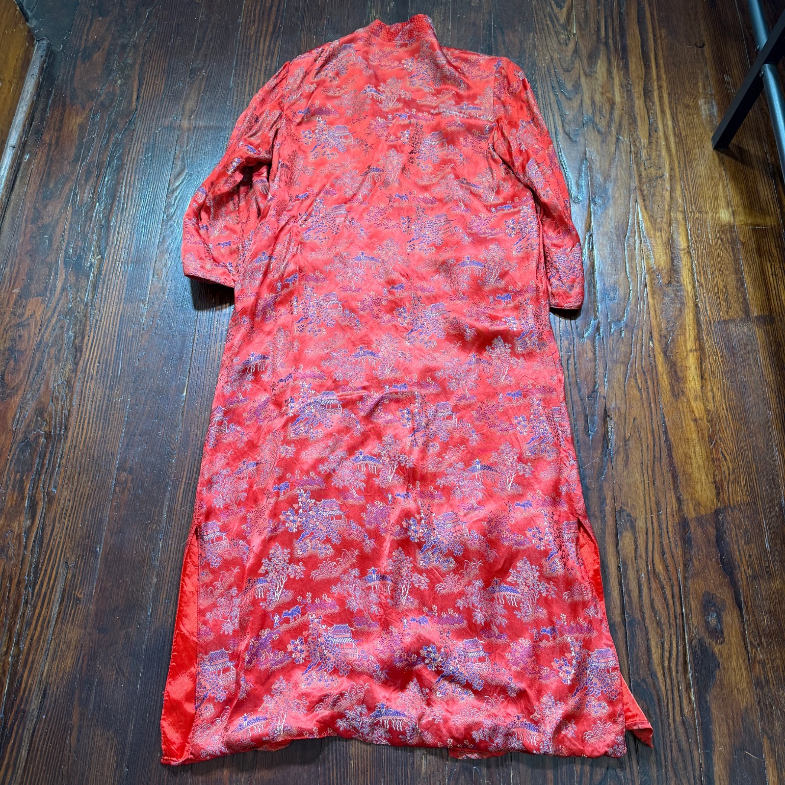 VTG Peony Brand Dress Womens Red Floral 40s Rayon Asian Gown Robe Shanghai China