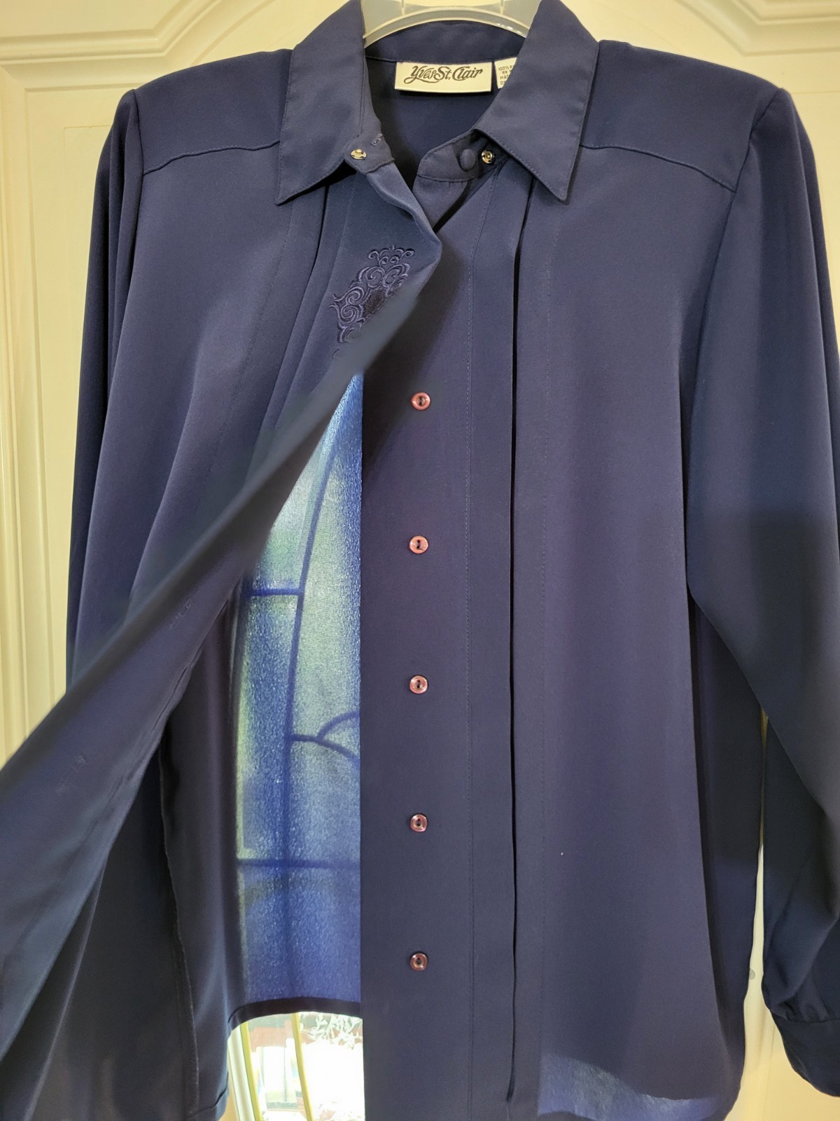 Vintage 80s YVES ST CLAIR Navy Blue Top 8 Button Up Embroidered Secretary Blouse