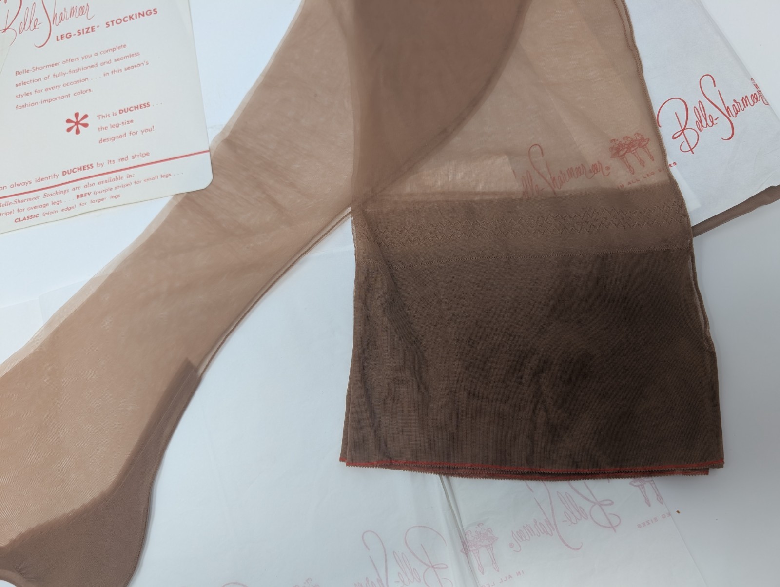 Vtg Belle Sharmeer SEAMED NYLON STOCKINGS 1204V Duchess Taupe Sheer – Size 10.5