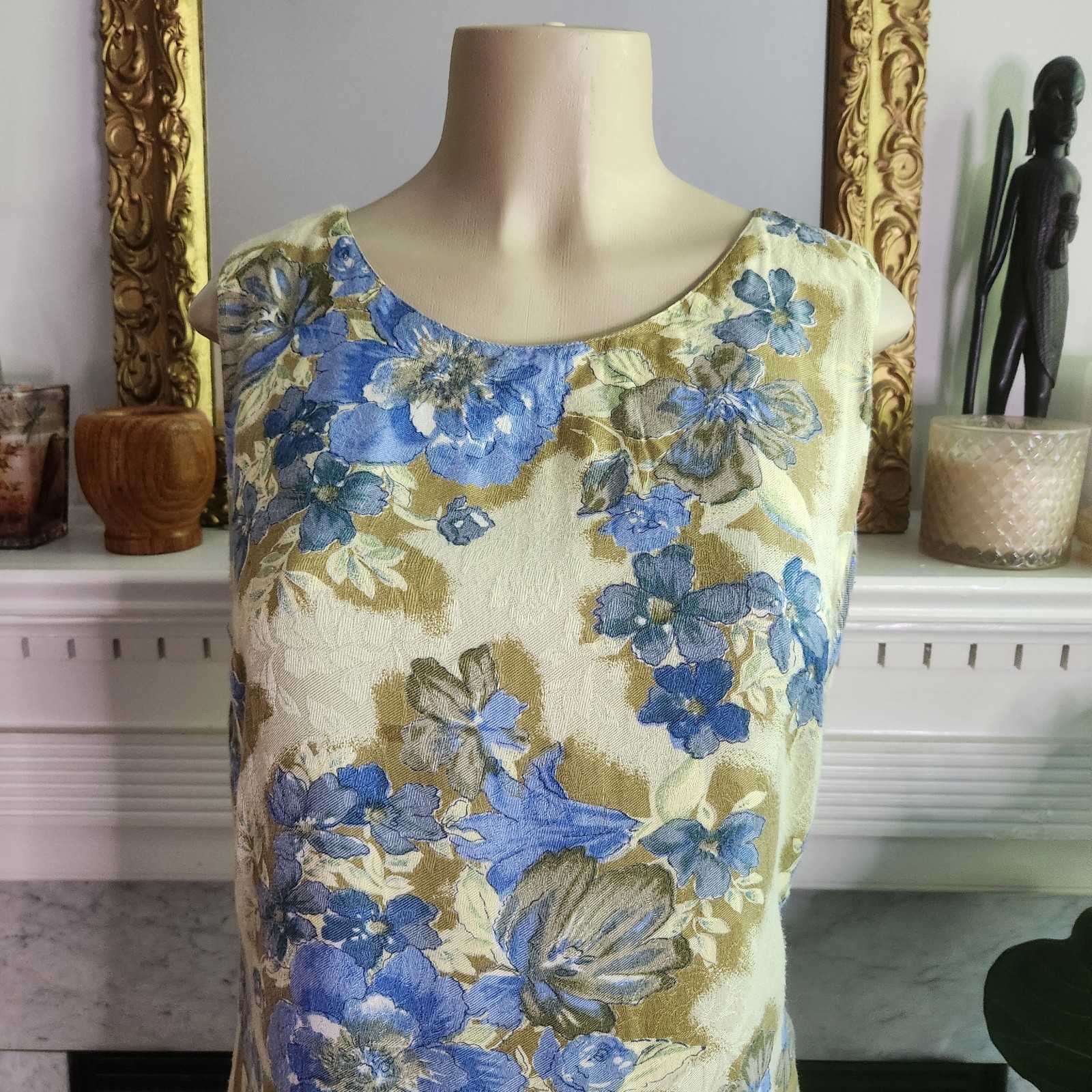 Vintage 90s Green Floral Maxi Dress Blue Cottagecore Grannycore Size 12