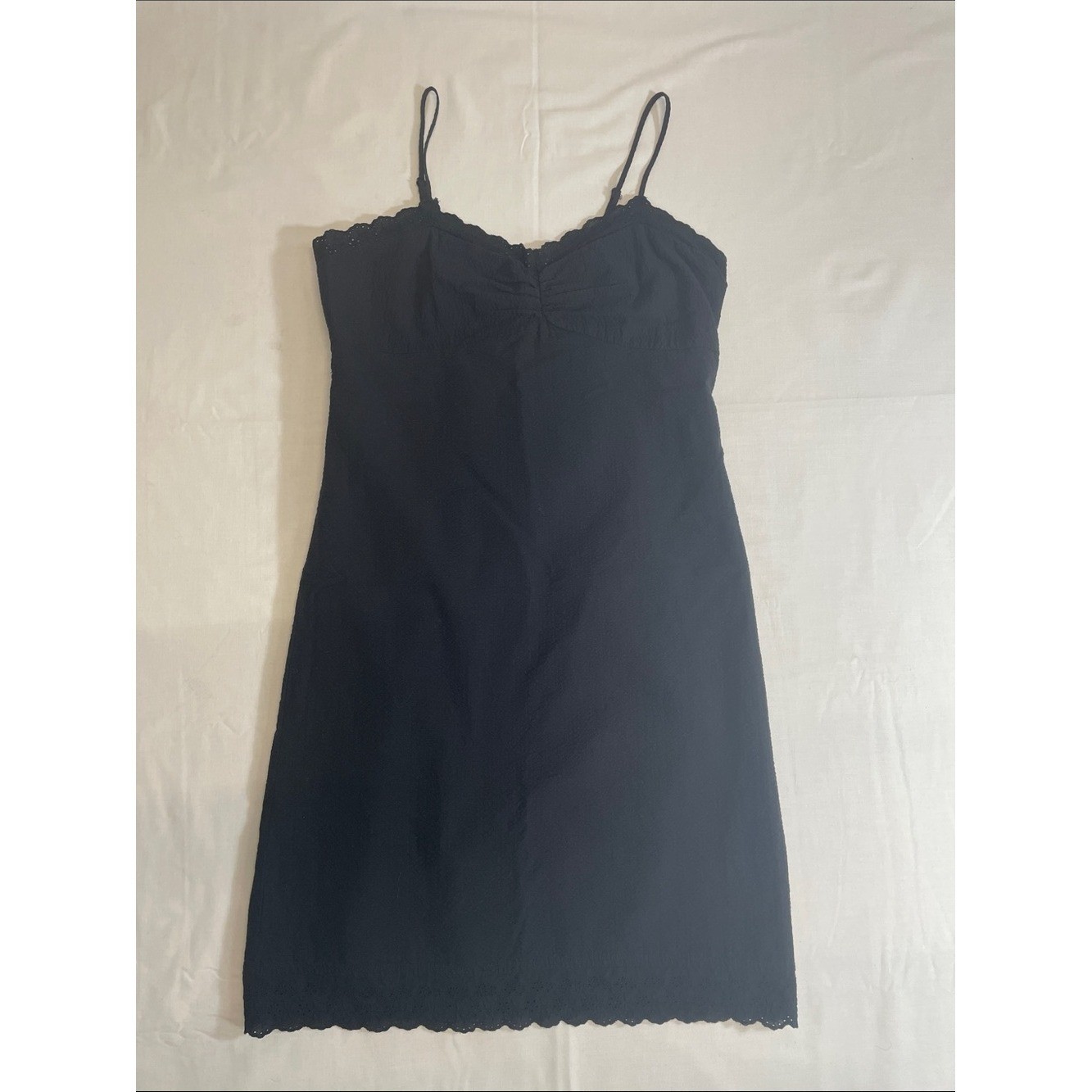 GAP Black Lace-Trim Mini Slip Dress crape cotton eyelet details lined OG 90s Y2K