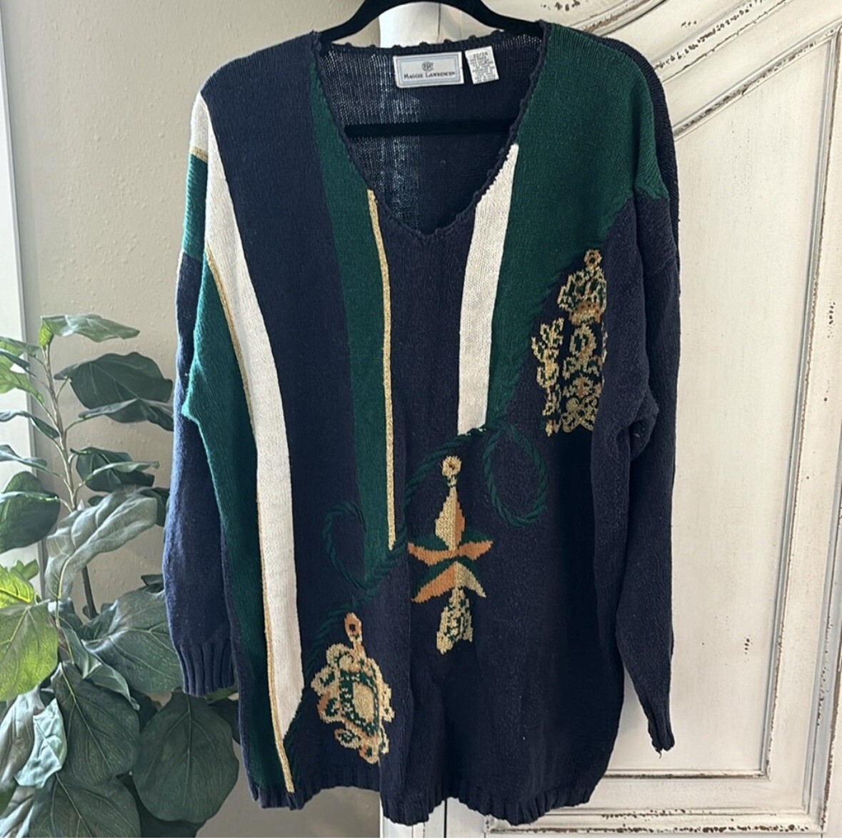 Vintage Maggie Lawrence Womens Sweater Sz 22 /24 Blue Green Gold Holiday