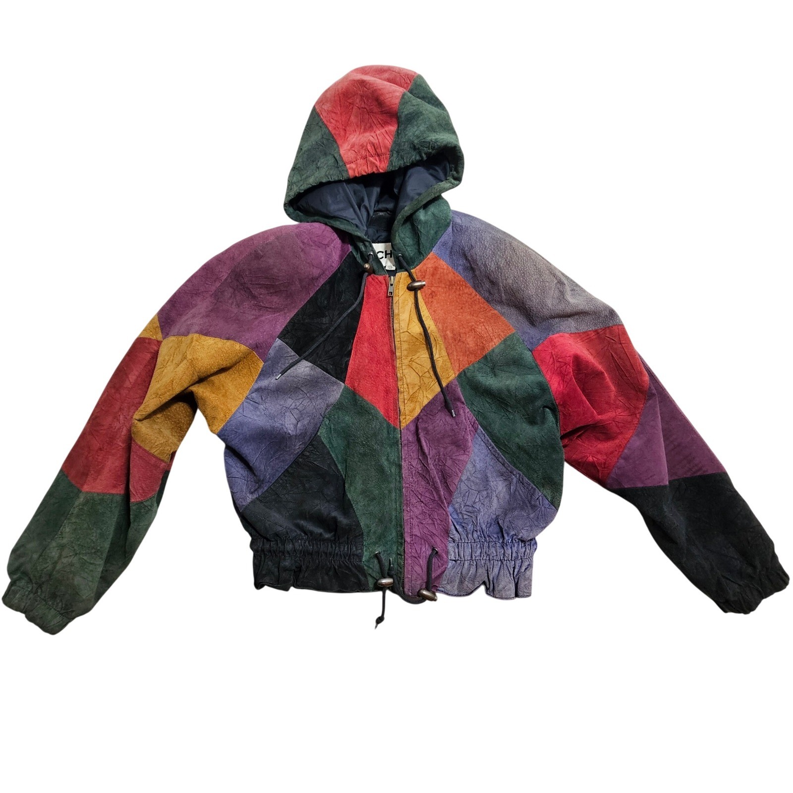 Chia Colorblock Leather Jacket Wmns M Patchwork Multicolor Vintage Hood Bomber *