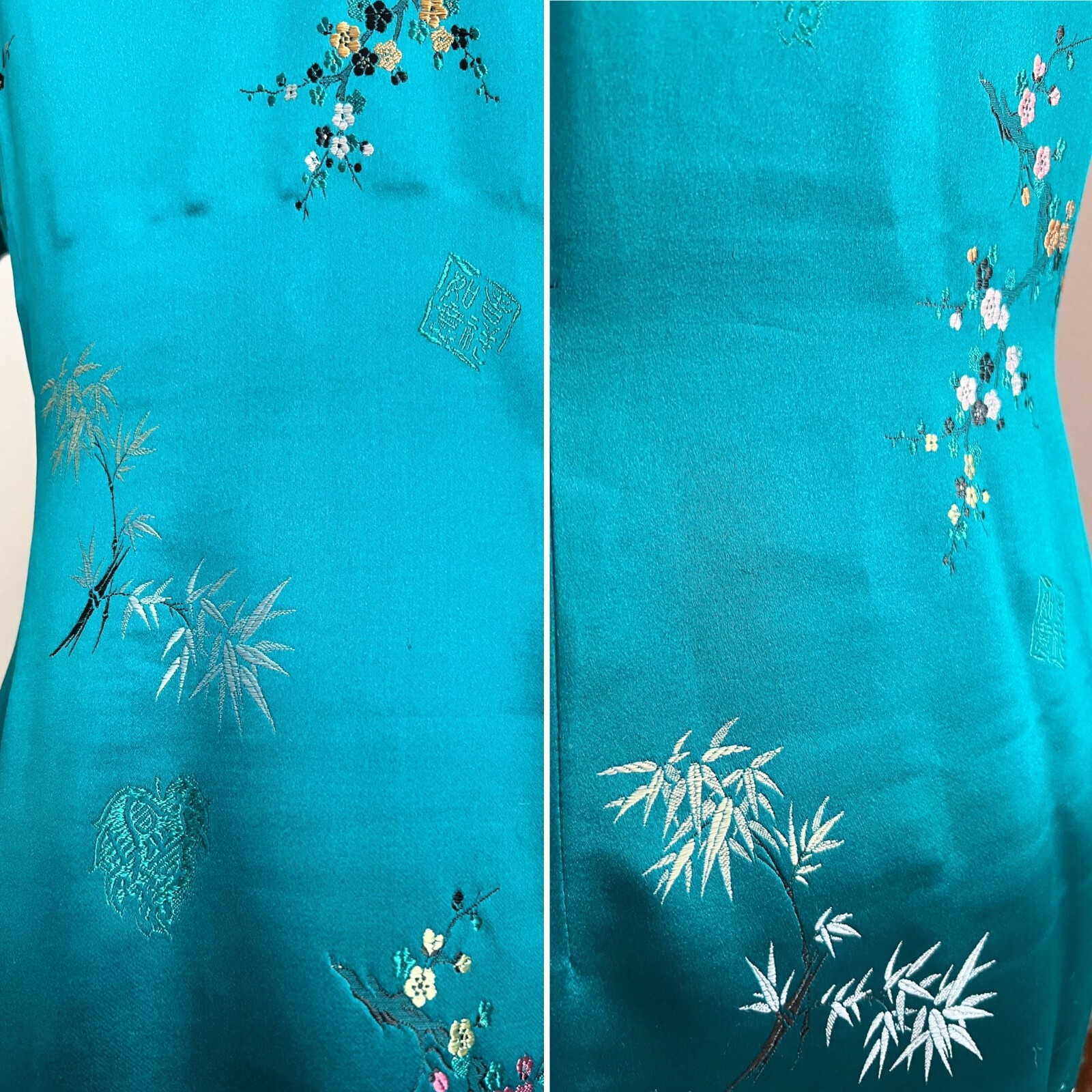 Vintage 1960’s Silk Blue Green Hue 60s Cheongsam Qipao Dress Floral Embroidery