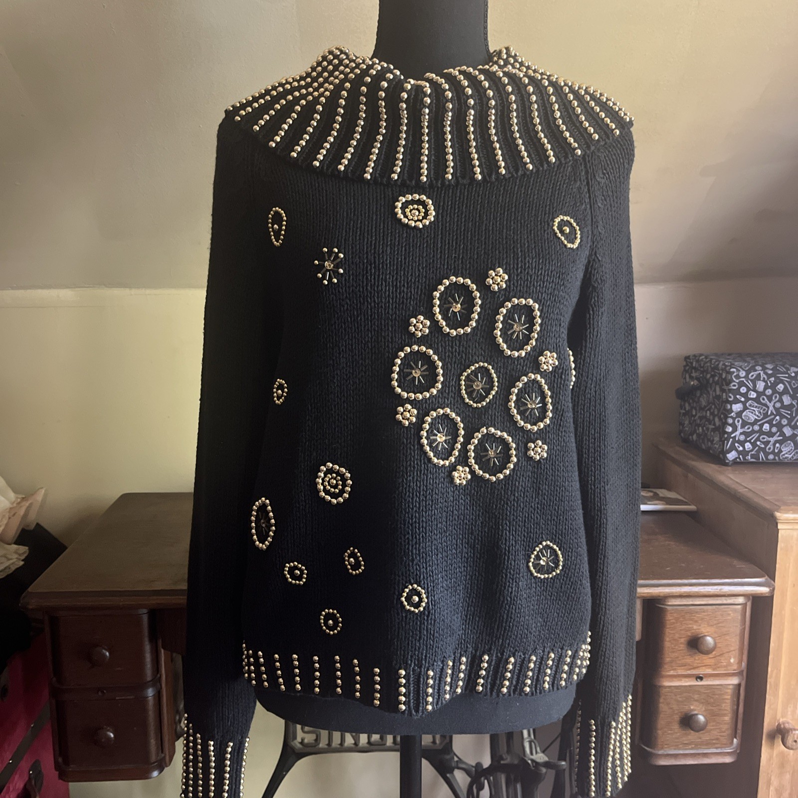 Vintage Marnie West Beaded Sweater Black And Gold Cotton/Ramie Medium