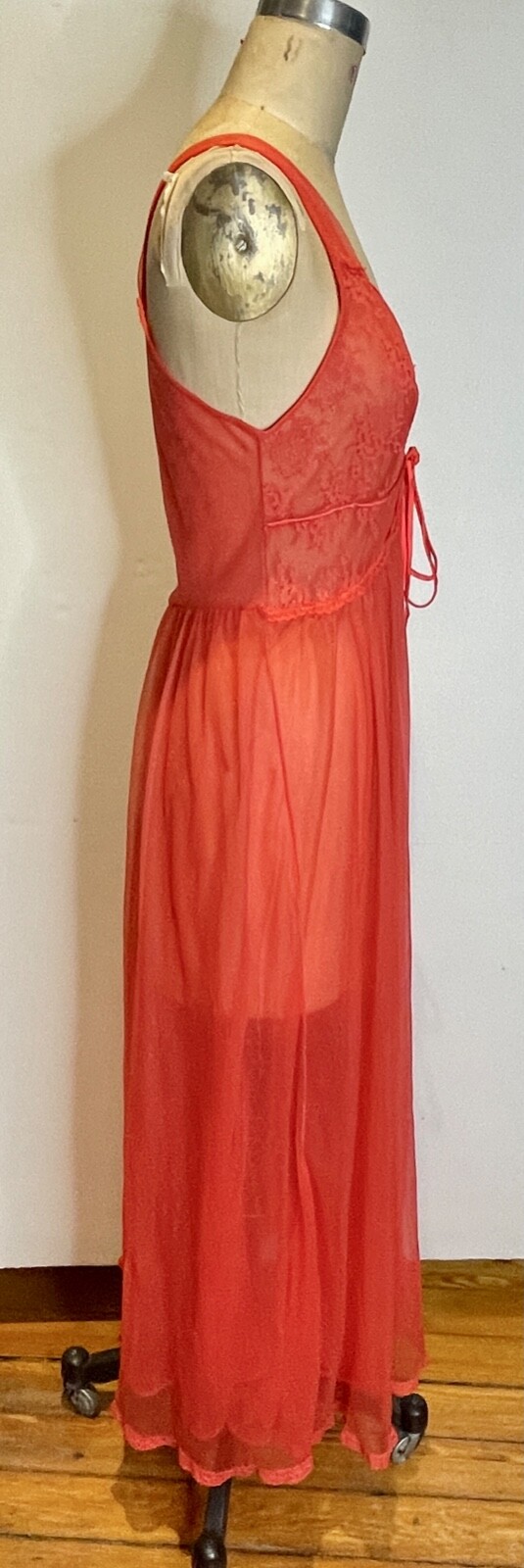 VTG RADCLIFFE RED SHEER CHIFFON&LACE FULL SWEEP PUFF NIGHTGOWN&PEIGNOIR SET*34 S