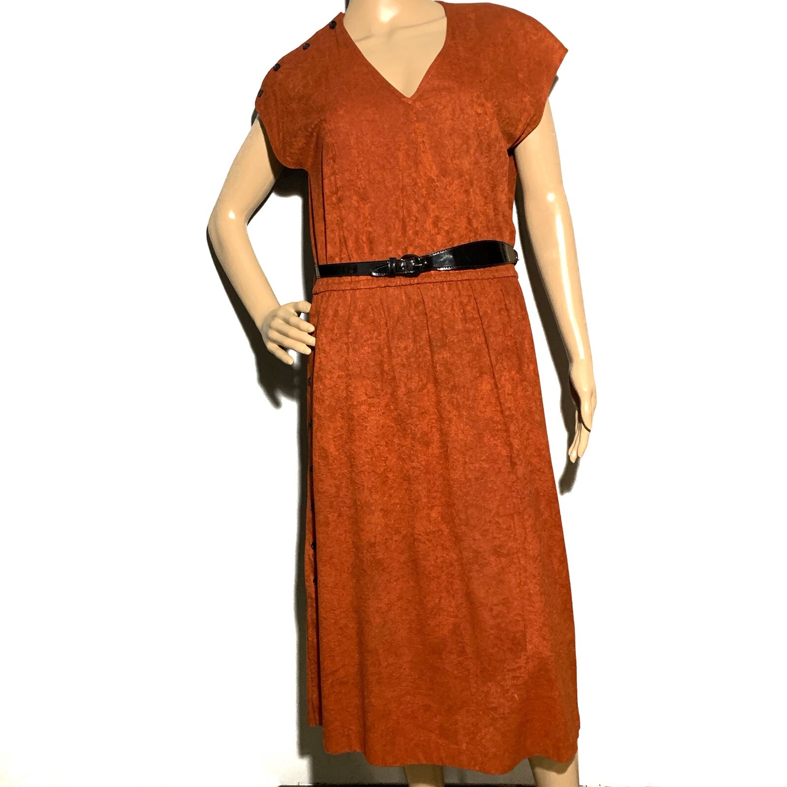 Vintage Orange Suede Like Basic Normal Fitted Dress With Buttons And Belt