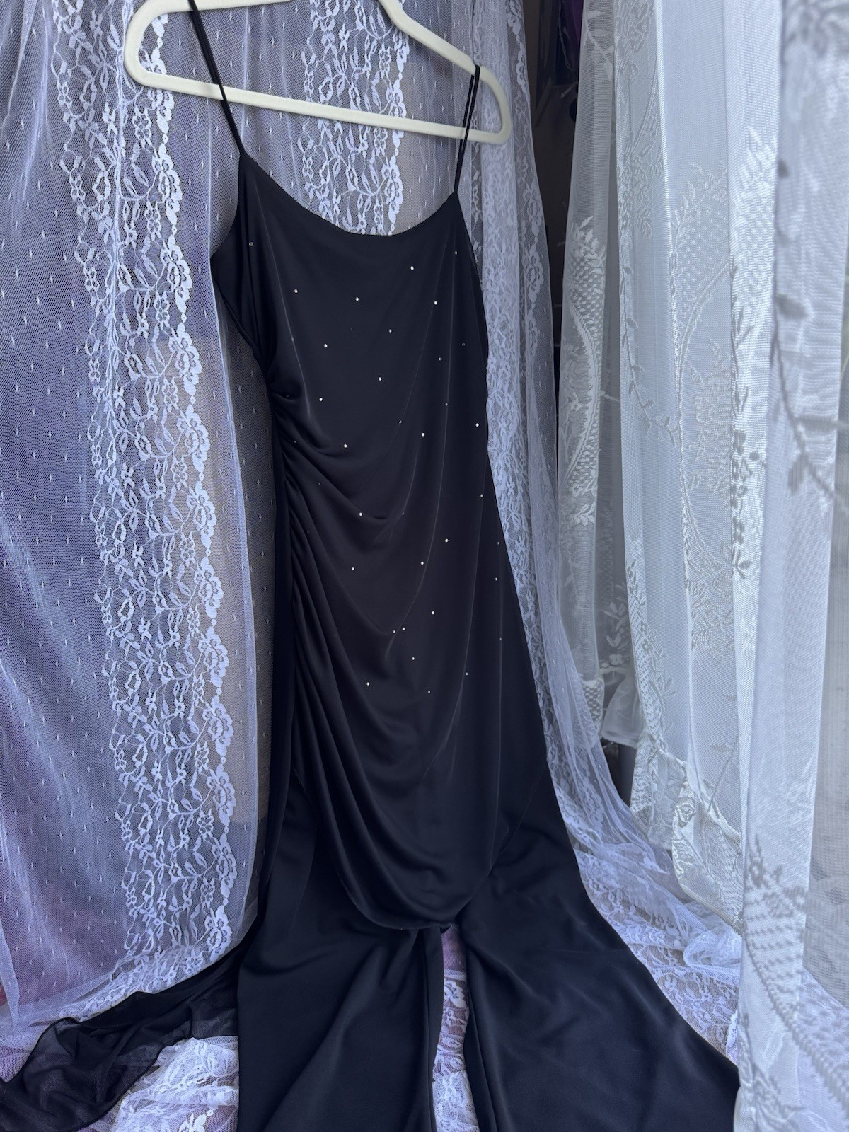 90’s Y2K Vintage Black Rhinestone Jumpsuit Sheer Overlay Made In USA, Size XS-S