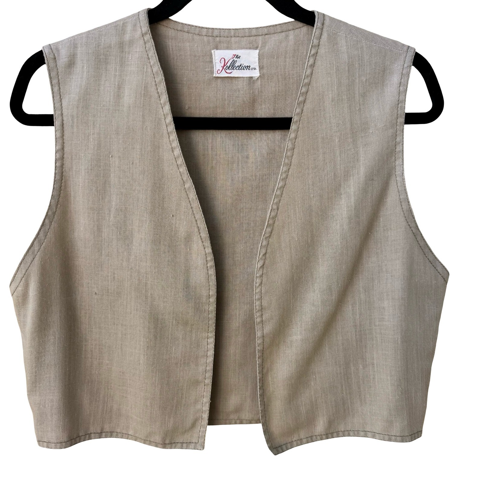 The Kollection Ltd Vintage 70s Beige Linen Open Front Cropped Vest Womens Tan