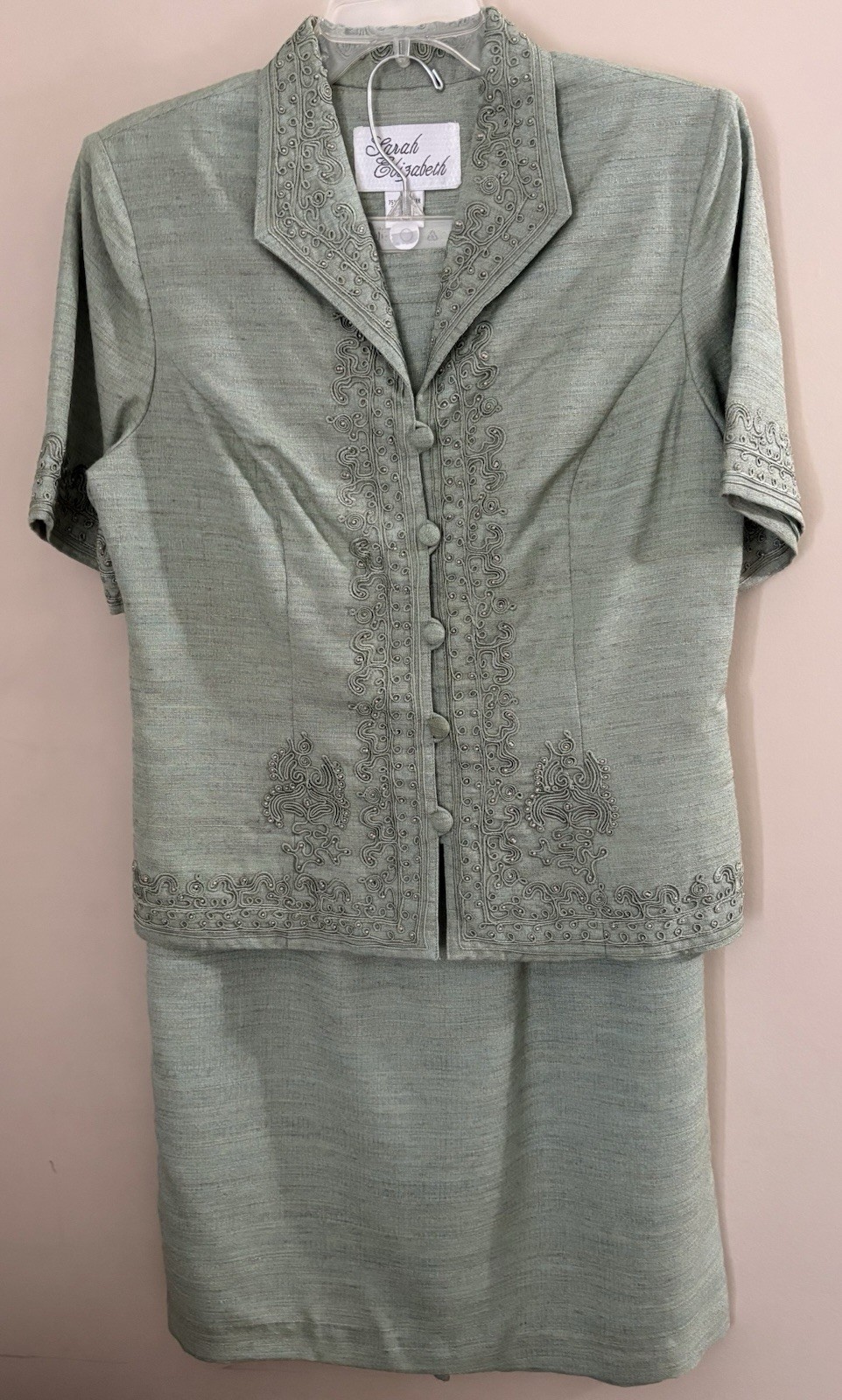 Vintage Karin Stevens Regency-Lite Two Piece Embroidered Skirt Suit Green Size 6