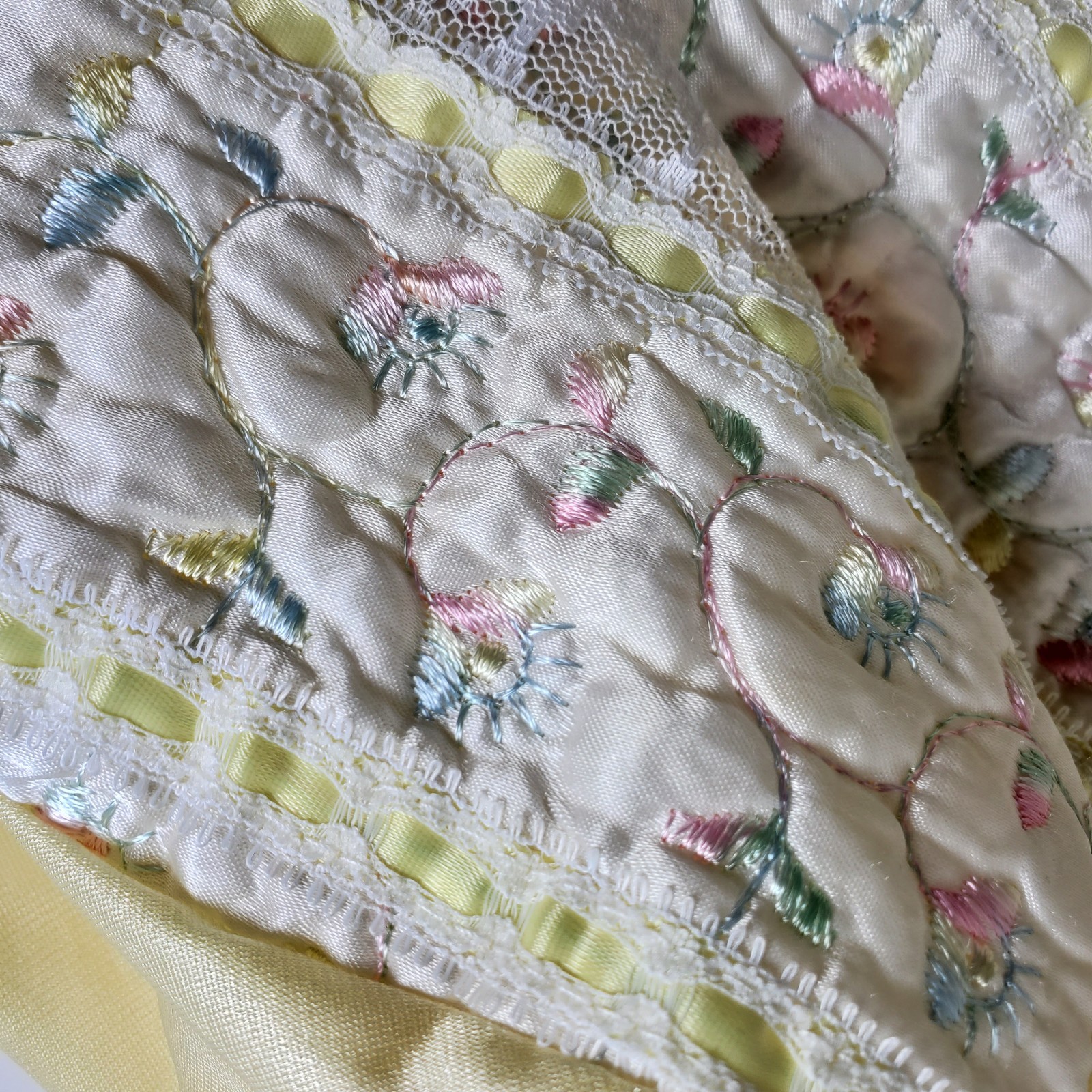 Vtg Miss Diva Nylon Nightgown Yellow Seiz Med USA Lace Embroidered button V Neck