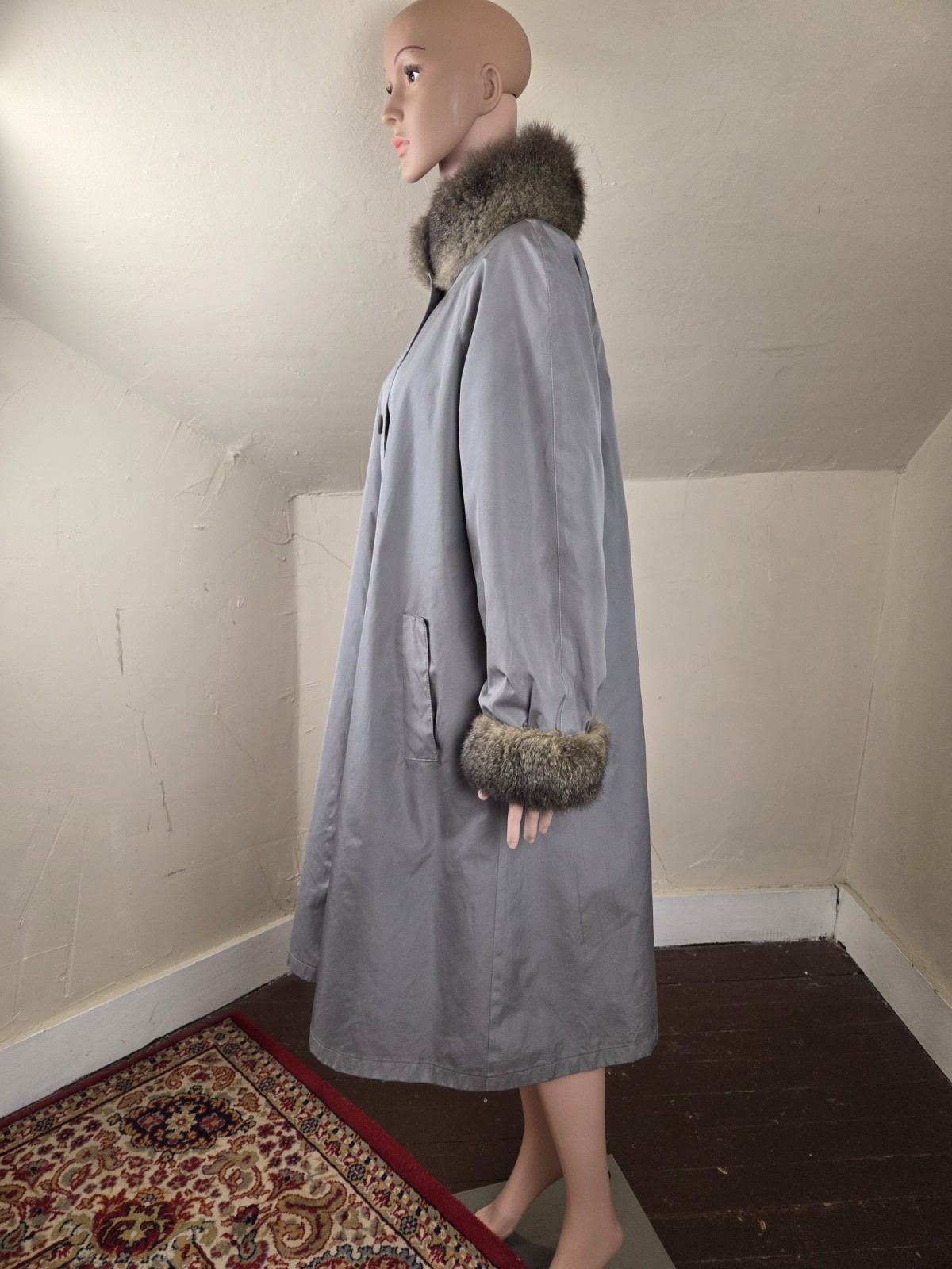 Vintage Bonnie Cashin for Russel Taylor Weatherwear Gray Fur Trim Coat USA Sz 10