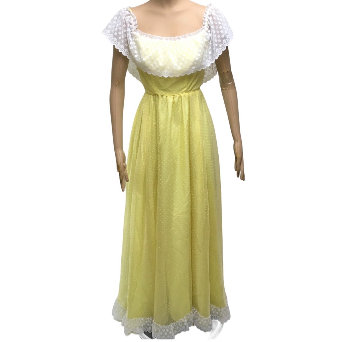 70s Yellow Swiss Dot Maxi Ruffled Country Prairie Prairiecore Dress Prom Gown