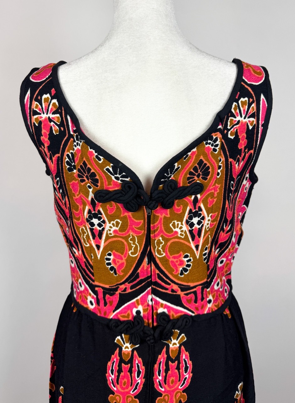 1960s Vintage Pink and Black Psychedelic Print Maxi Dress