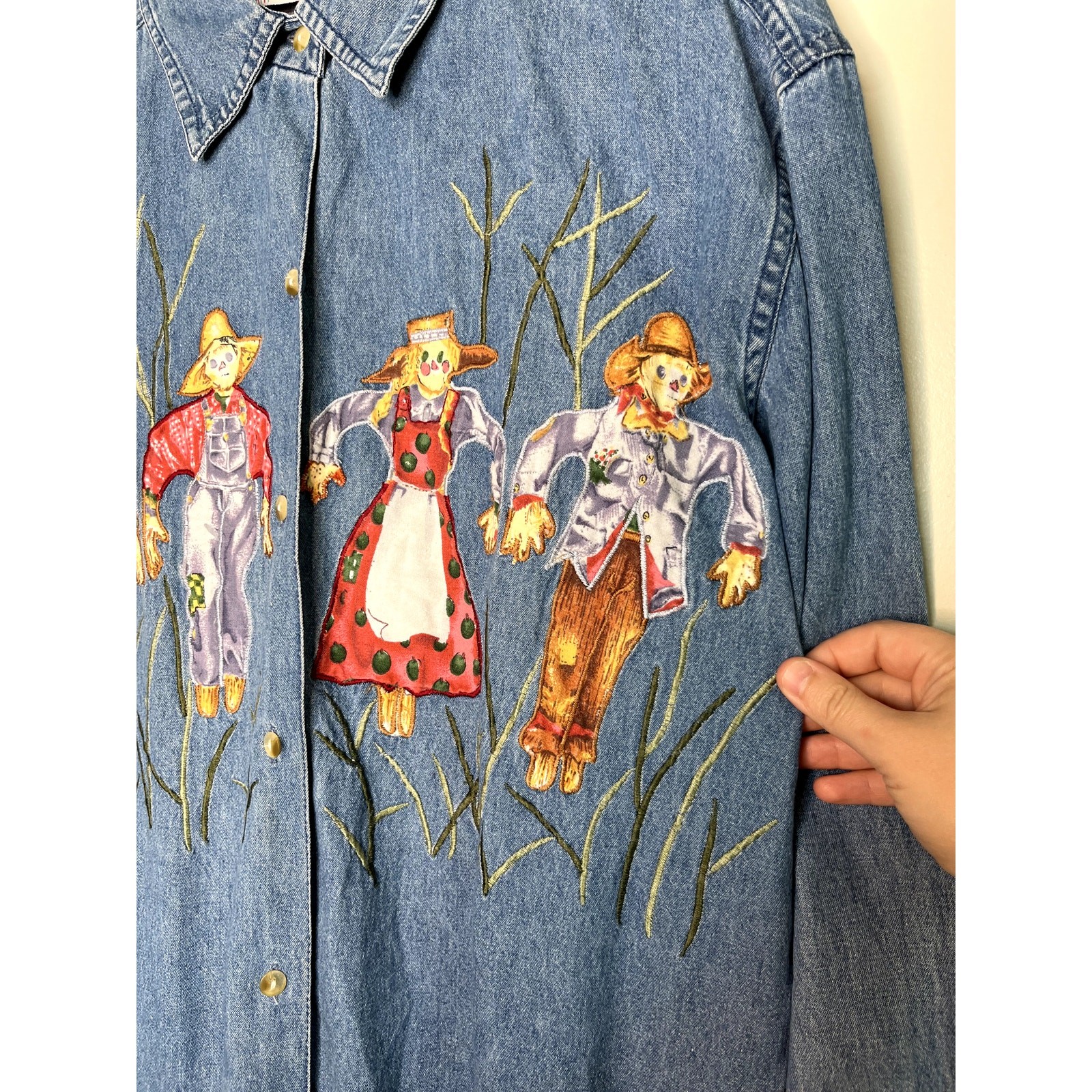 1990s Keren Hart Scarecrow Fall Halloween Granny Chambray Artsy Denim Shirt M