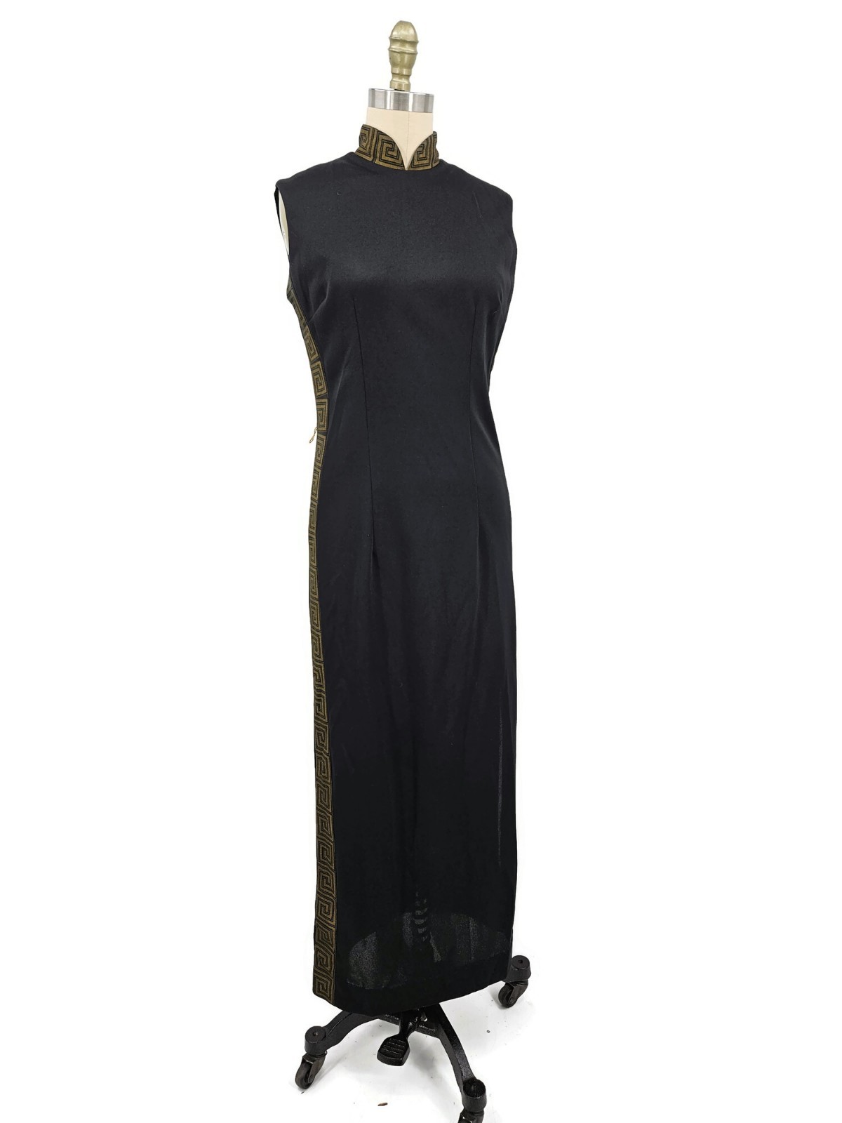 Vtg Alfred Shaheen Black Gold Cheongsam Dress Womens 10 Asian Inspired Slit
