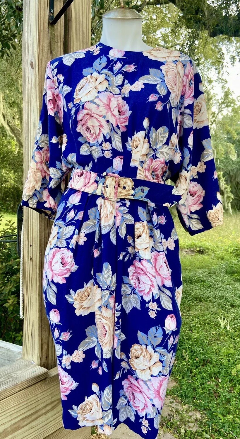 Vintage 80s Pelinni Von Bramlet Blue Floral Belted Day Dress Cottage SZ 8/10