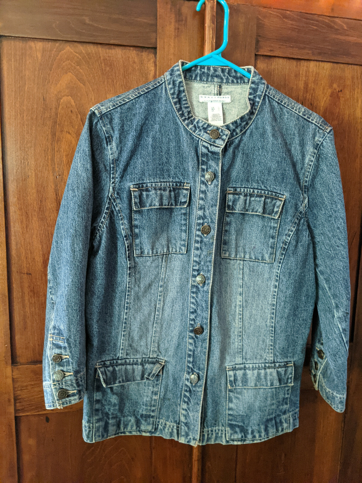 Crazy Horse Woman’s Denim Jacket, Narrow Standup Collar, Four Pockets, Large