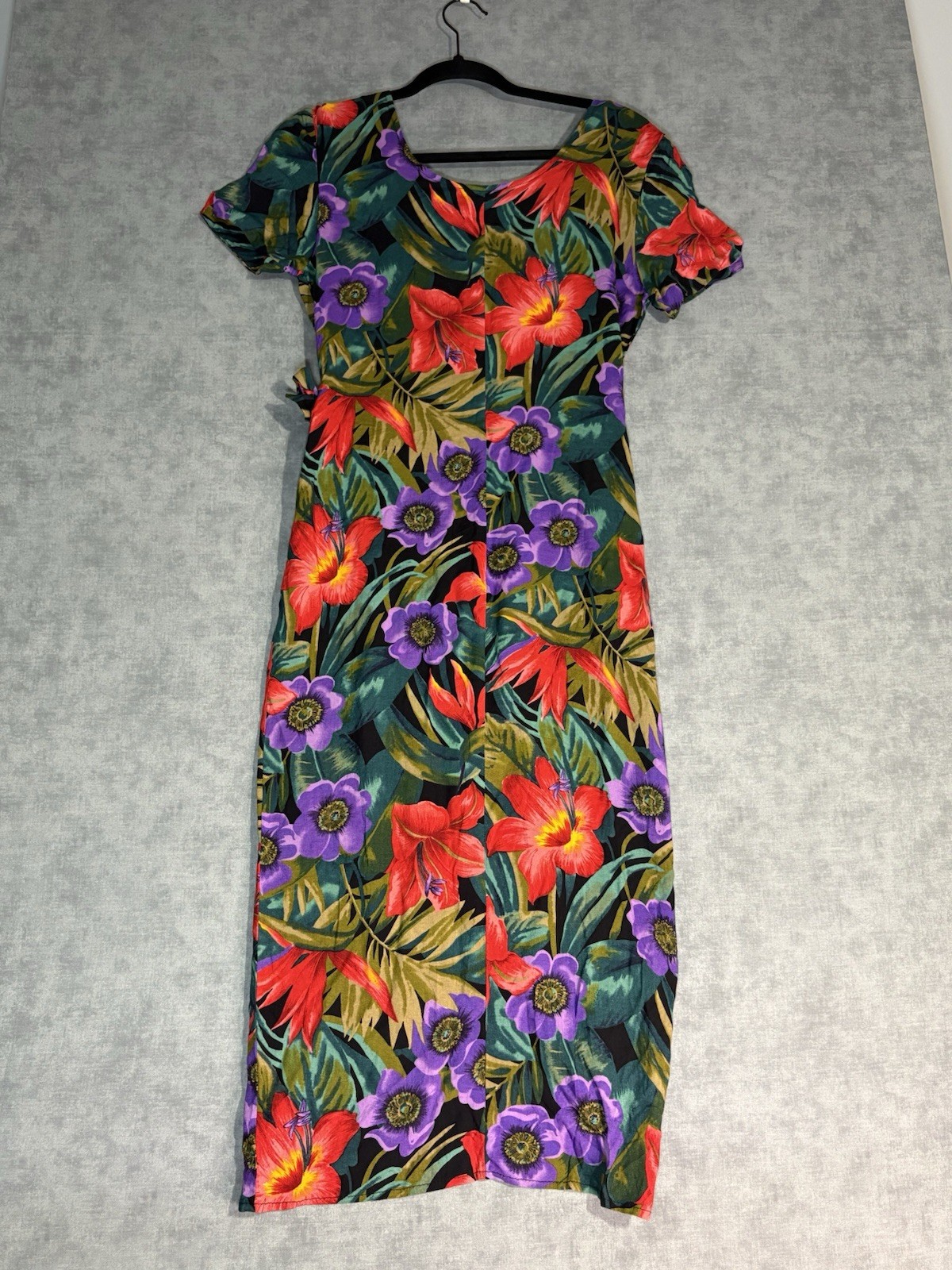 Vintage LA Belle Floral Rayon Midi Dress Women M 90s Tie Waist USA Hawaiian