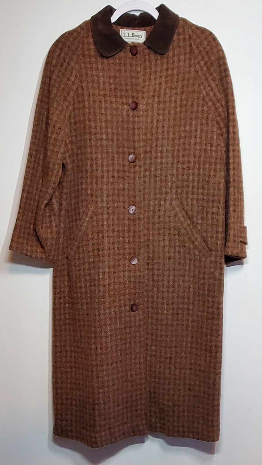 LL Bean Women’s M Petite Brown Check Long Wool Tweed Over Coat with Suede Collar